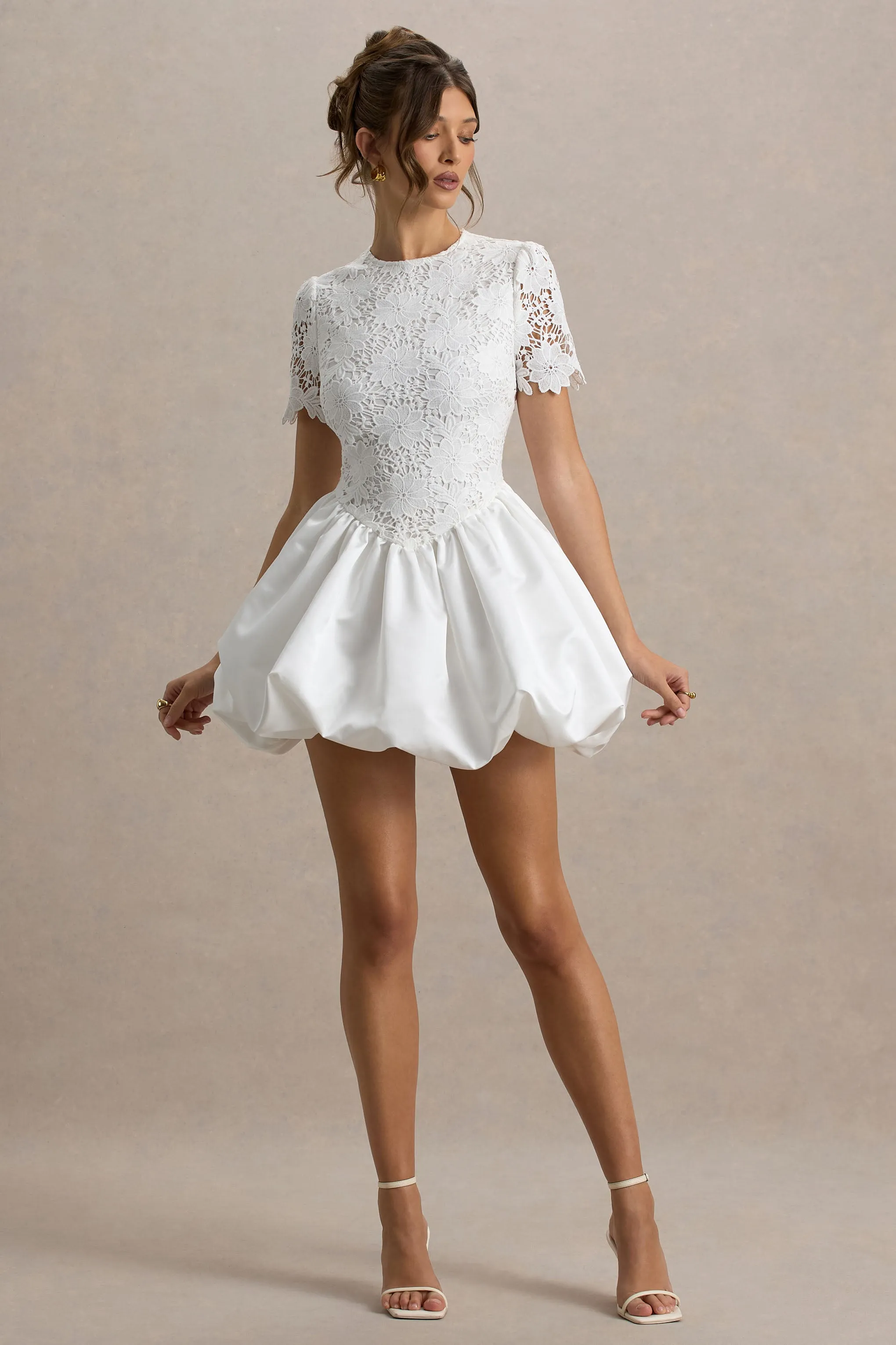 Taffy | White Lace Mini Dress With Satin Puffball Skirt sold by Club L London