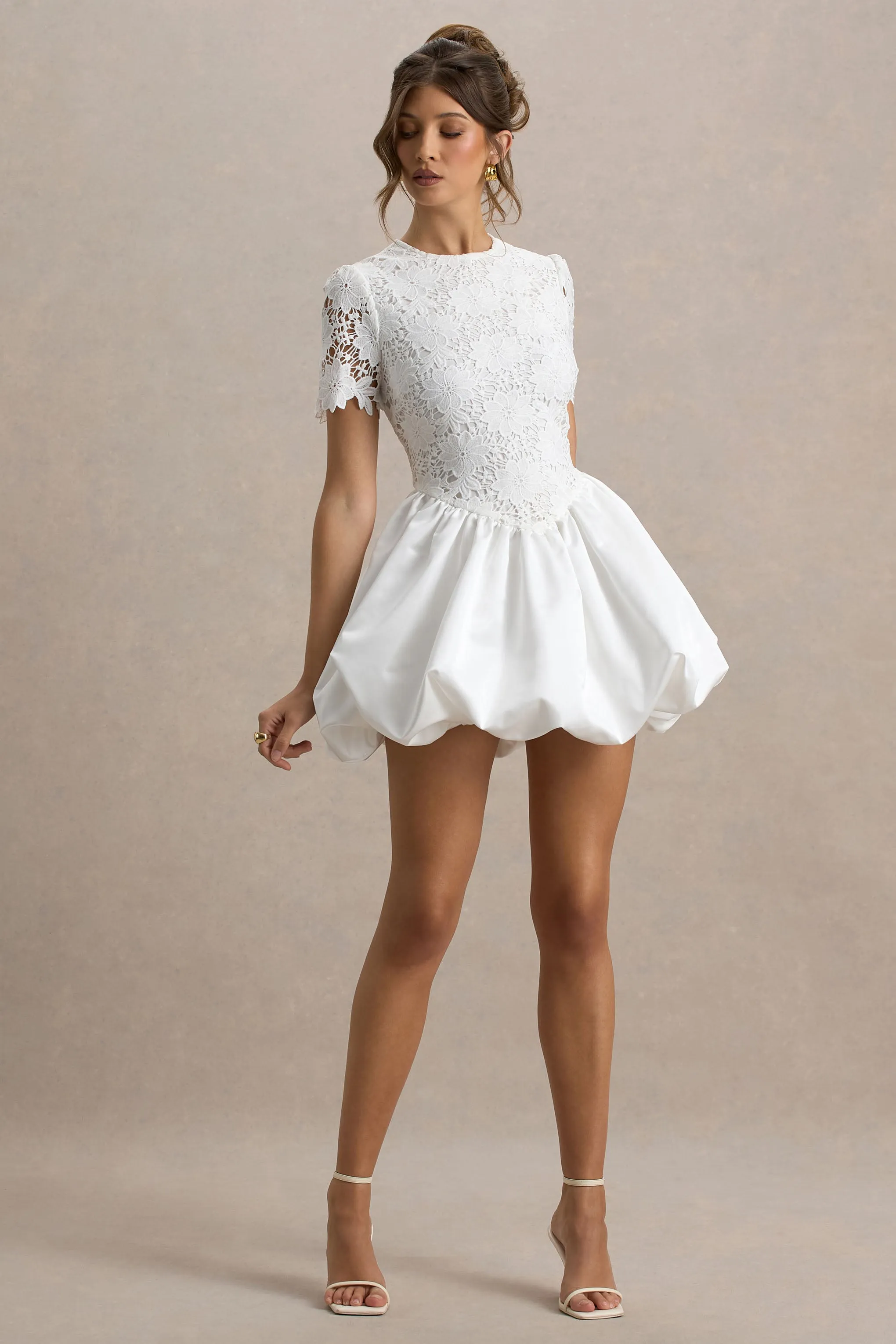 Taffy | White Lace Mini Dress With Satin Puffball Skirt sold by Club L London product image thumbnail 5