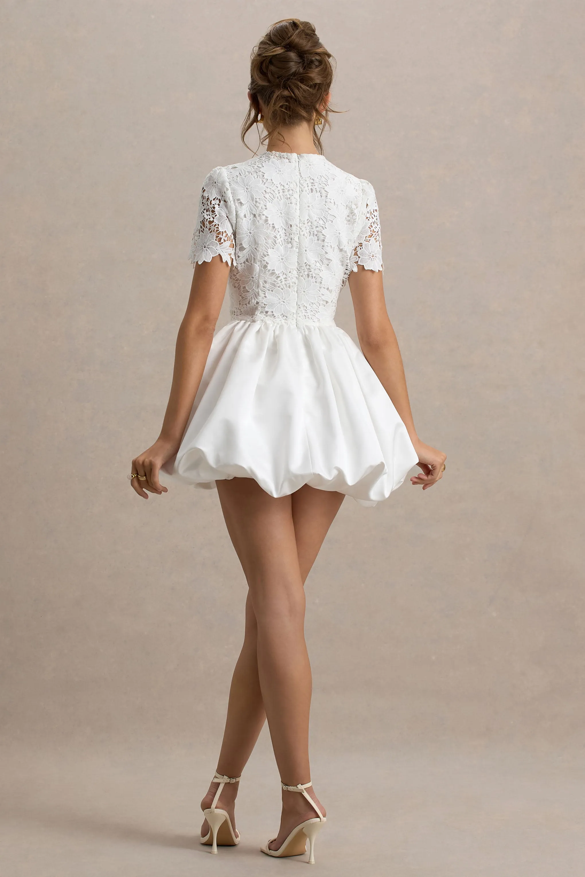 Taffy | White Lace Mini Dress With Satin Puffball Skirt sold by Club L London product image thumbnail 2