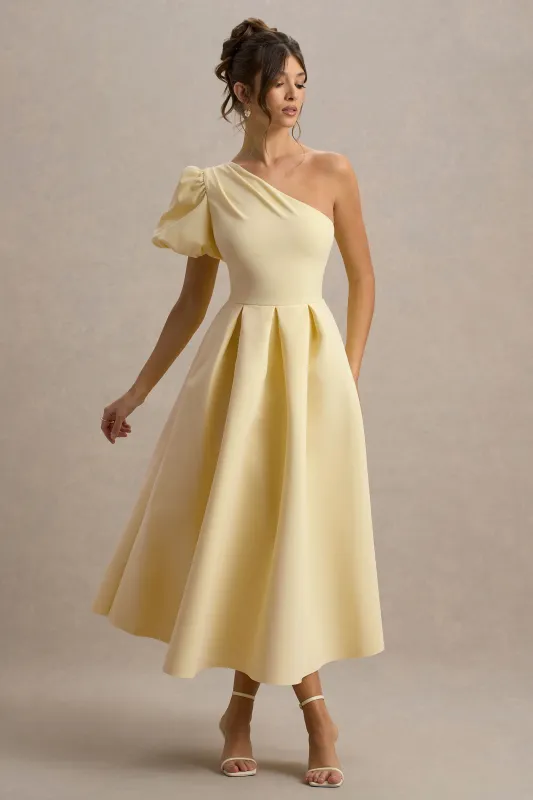 Rochelle | Pale Lemon Asymmetric Puff-Sleeve Midi Dress sold by Club L London