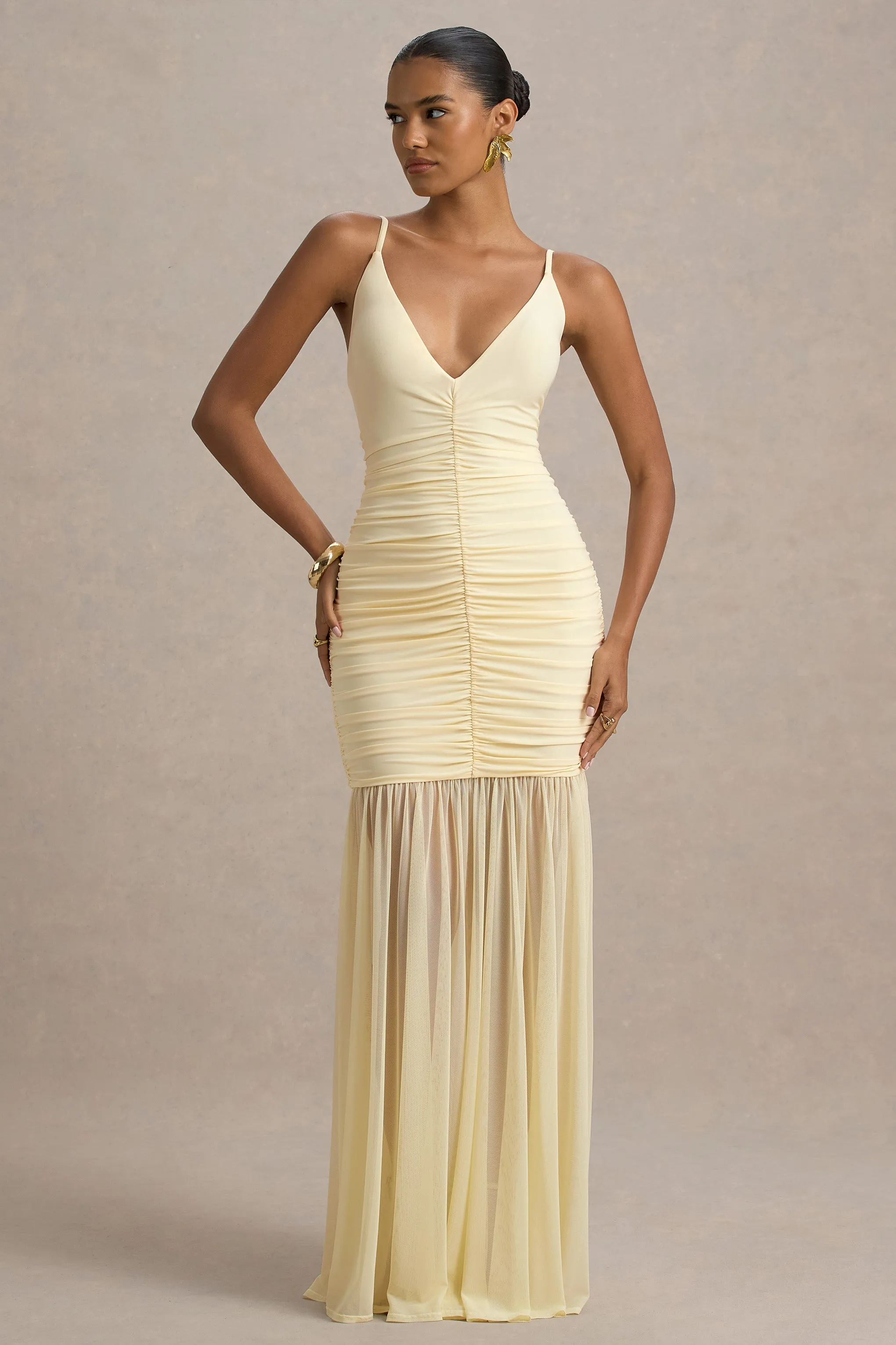 Pasqualina | Pale Lemon Ruched Plunge-Neck Maxi Dress sold by Club L London