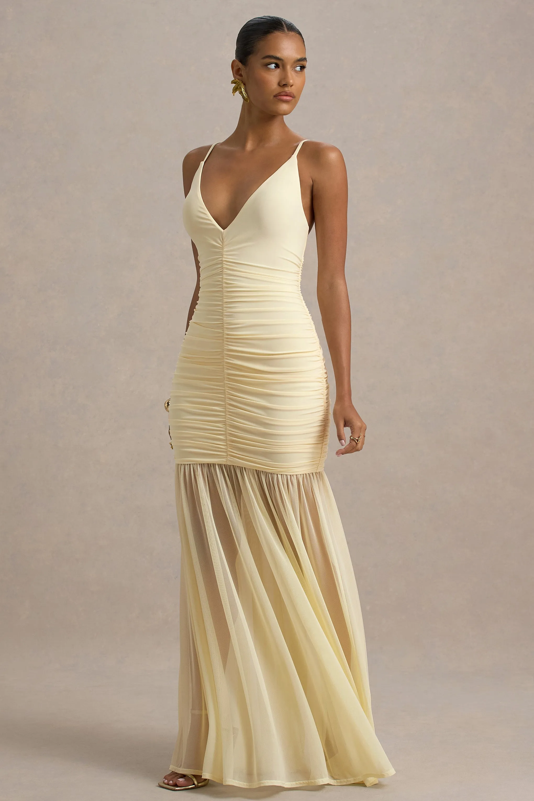 Pasqualina | Pale Lemon Ruched Plunge-Neck Maxi Dress sold by Club L London product image thumbnail 4