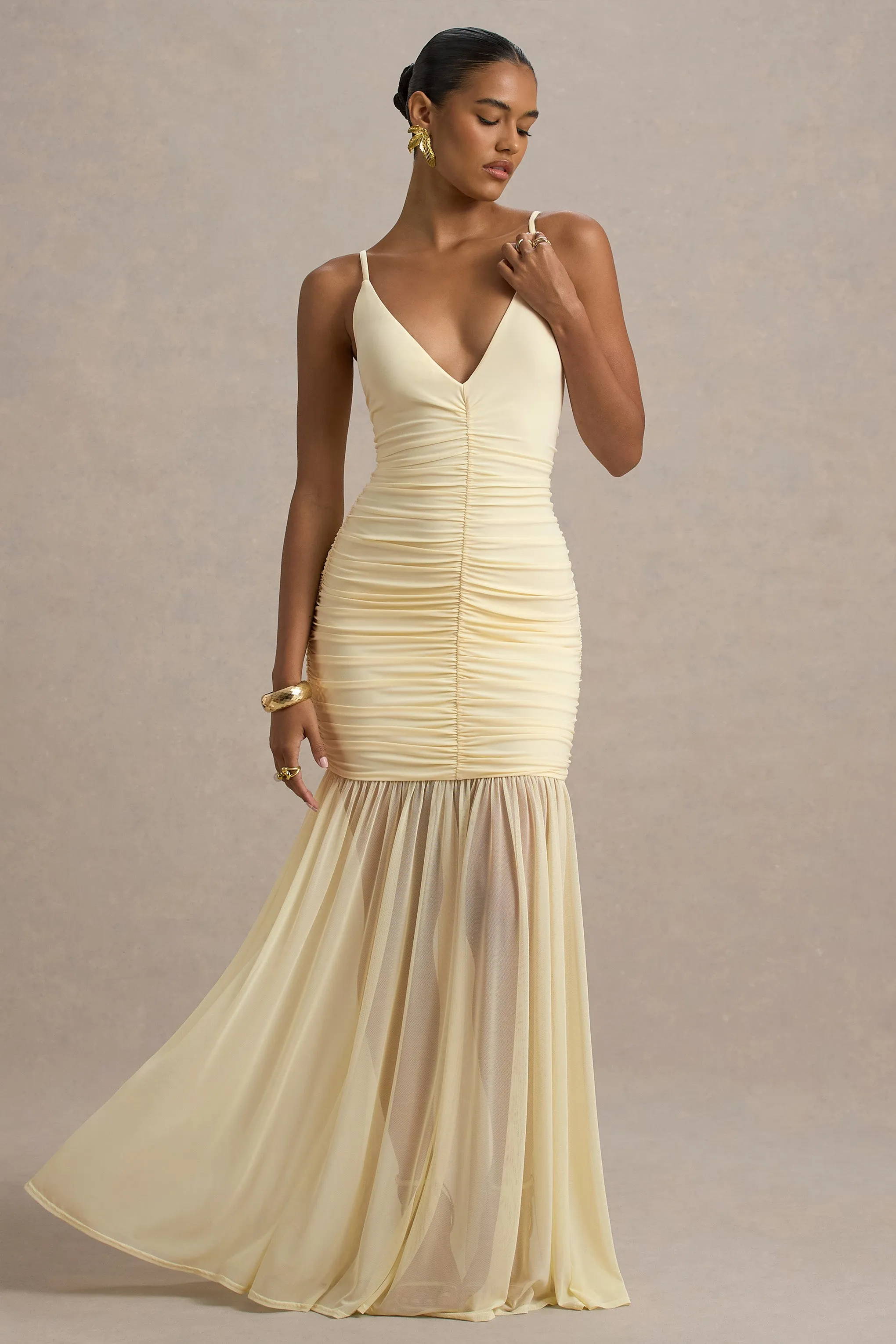 Pasqualina | Pale Lemon Ruched Plunge-Neck Maxi Dress sold by Club L London product image thumbnail 5