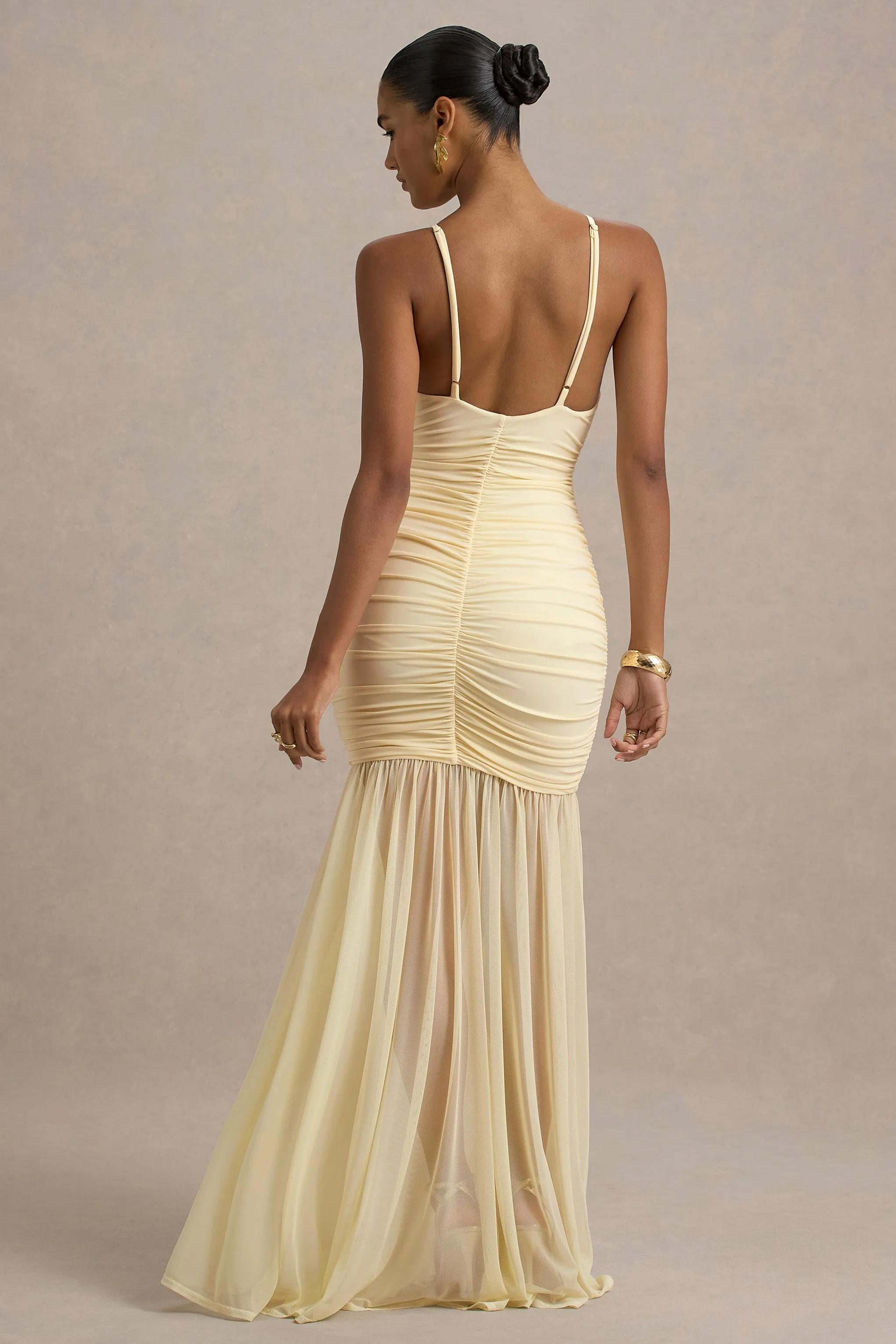 Pasqualina | Pale Lemon Ruched Plunge-Neck Maxi Dress sold by Club L London product image thumbnail 2