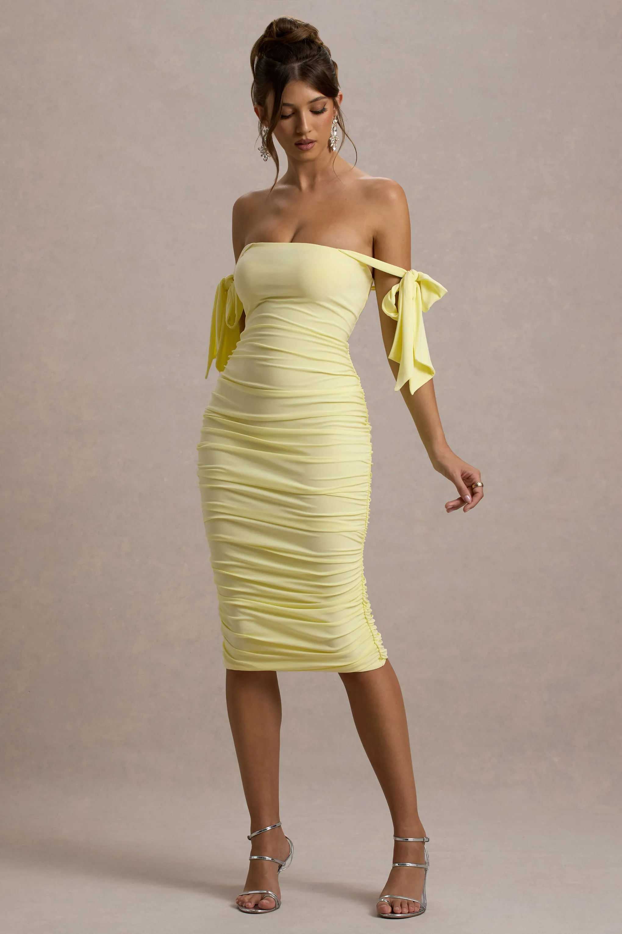 Citrus | Pale Lemon Bardot Bodycon Midi Dress With Bow Sleeves sold by Club L London product image thumbnail 4