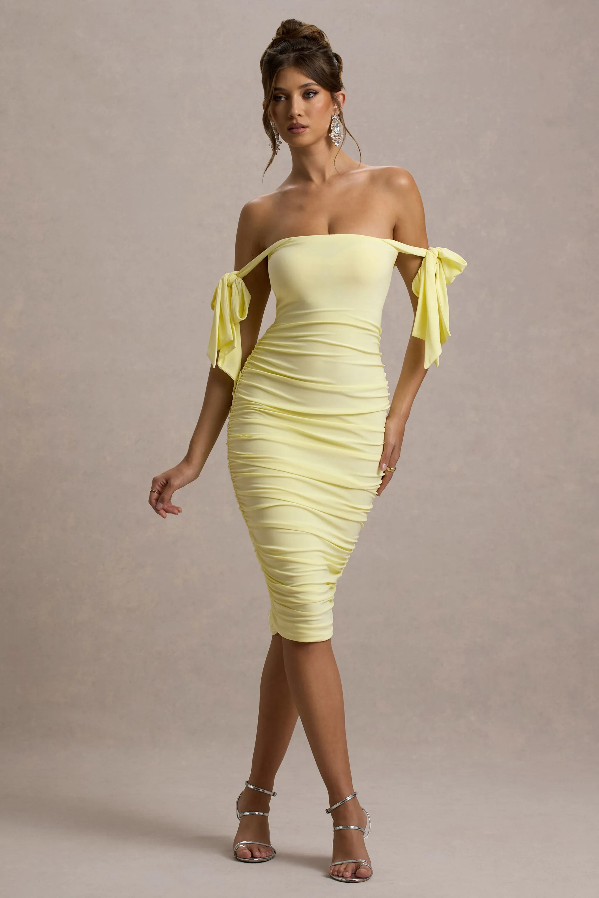 Citrus | Pale Lemon Bardot Bodycon Midi Dress With Bow Sleeves sold by Club L London