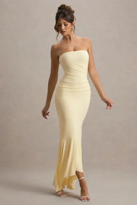 Capria | Pale Lemon Bandeau Wrap Maxi Dress sold by Club L London