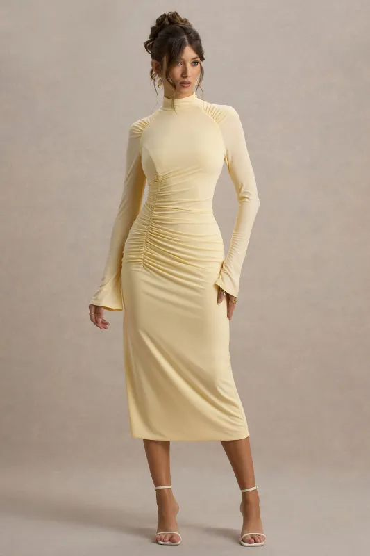 Cassandra | Pale Lemon High-Neck Long-Sleeve Midi Dress made by Club L London