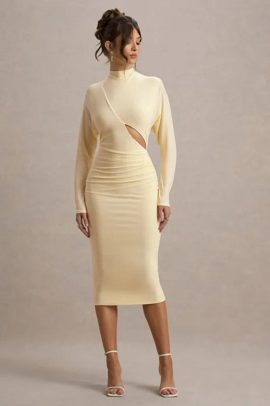 Pandora | Pale Lemon Long-Sleeve Maxi Dress With Cut-Out sold by Club L London
