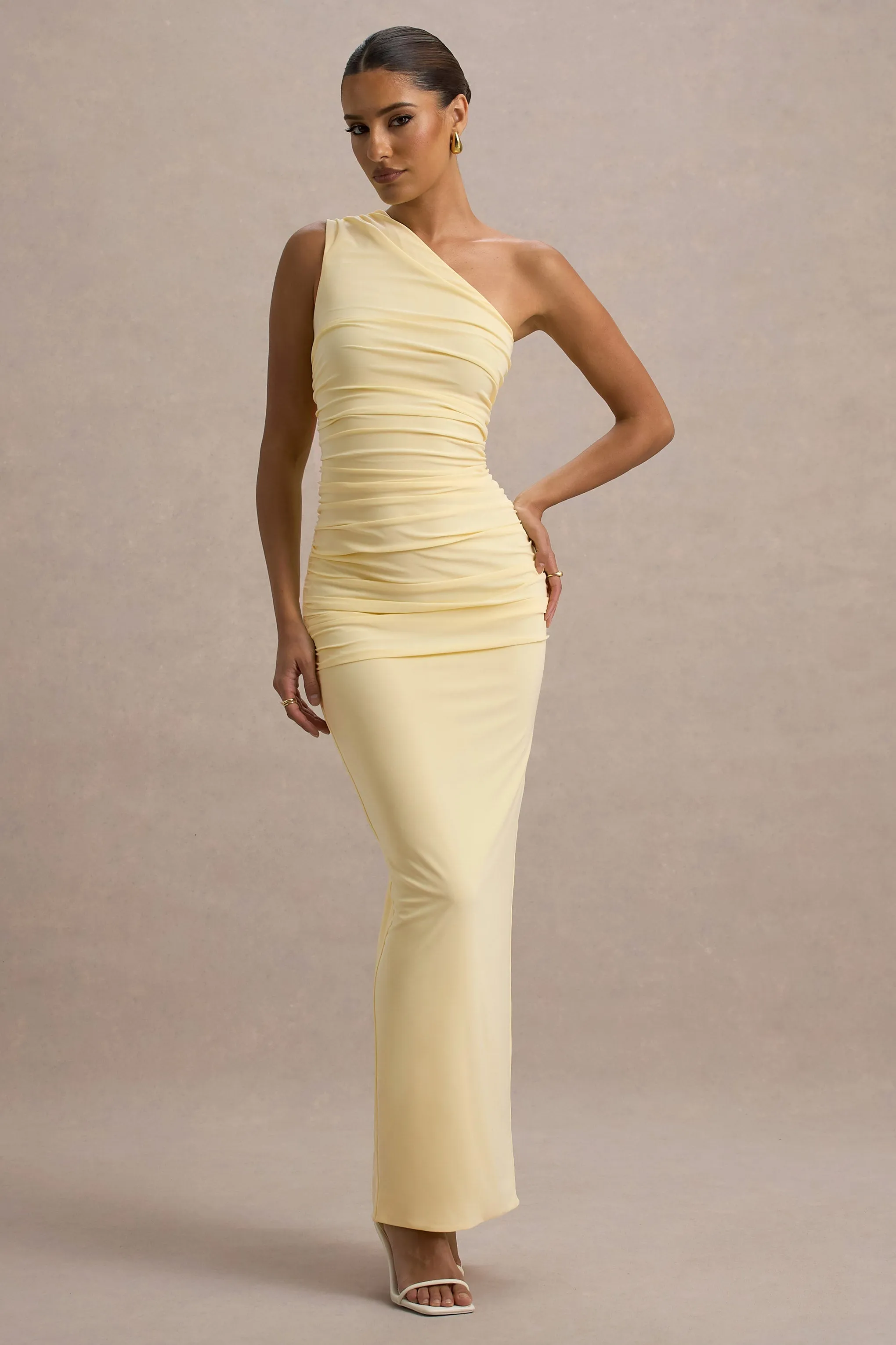 Dalarie | Pale Lemon One-Shoulder Gathered Maxi Dress sold by Club L London