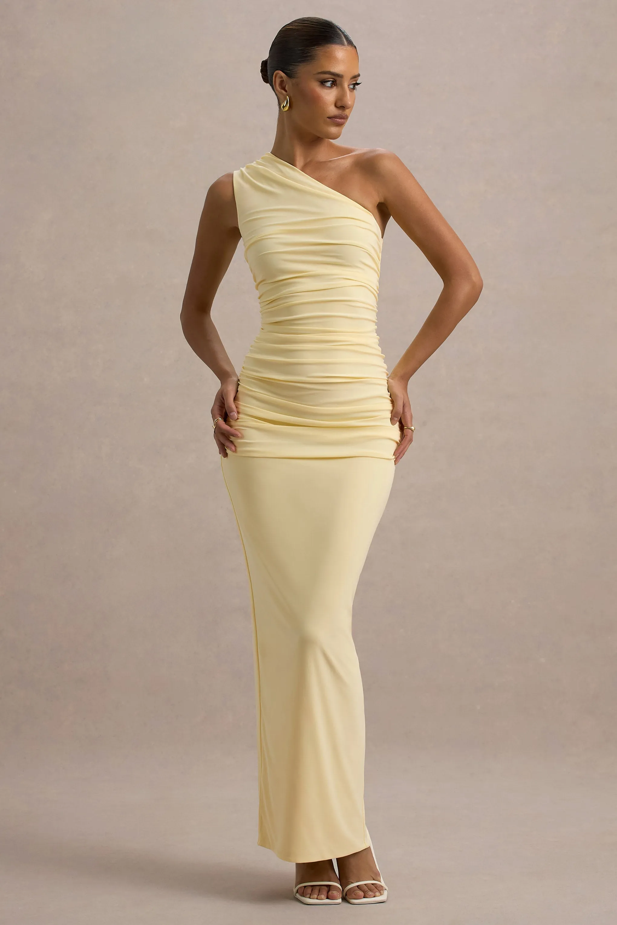 Dalarie | Pale Lemon One-Shoulder Gathered Maxi Dress sold by Club L London product image thumbnail 4