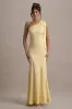 Here For Love | Pale Lemon Satin Asymmetric Maxi Dress With Bow sold by Club L London