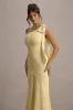 Here For Love | Pale Lemon Satin Asymmetric Maxi Dress With Bow sold by Club L London