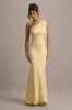 Here For Love | Pale Lemon Satin Asymmetric Maxi Dress With Bow sold by Club L London