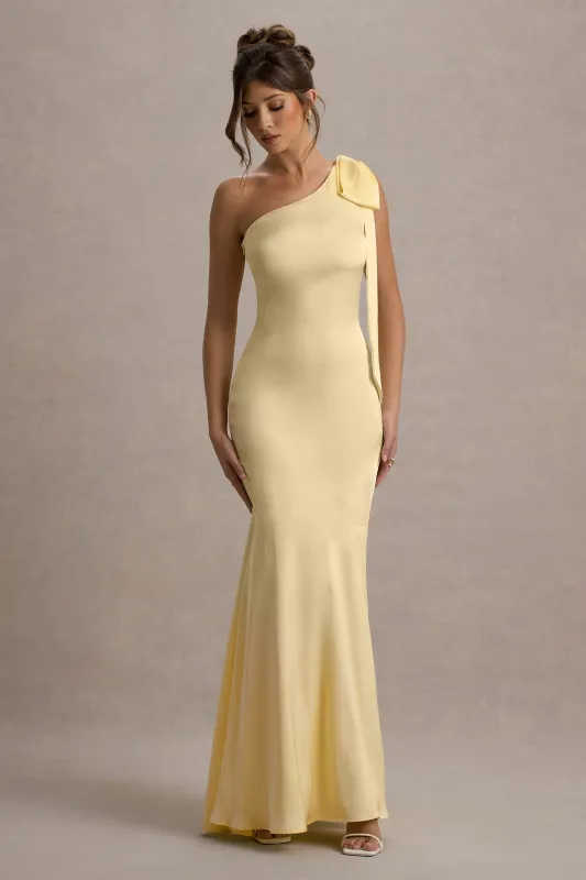 Here For Love | Pale Lemon Satin Asymmetric Maxi Dress With Bow sold by Club L London