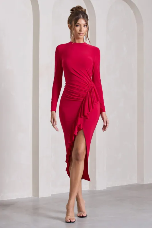 Dolce Vita | Red Long-Sleeve Ruffle Asymmetric Split Midi Dress sold by Club L London