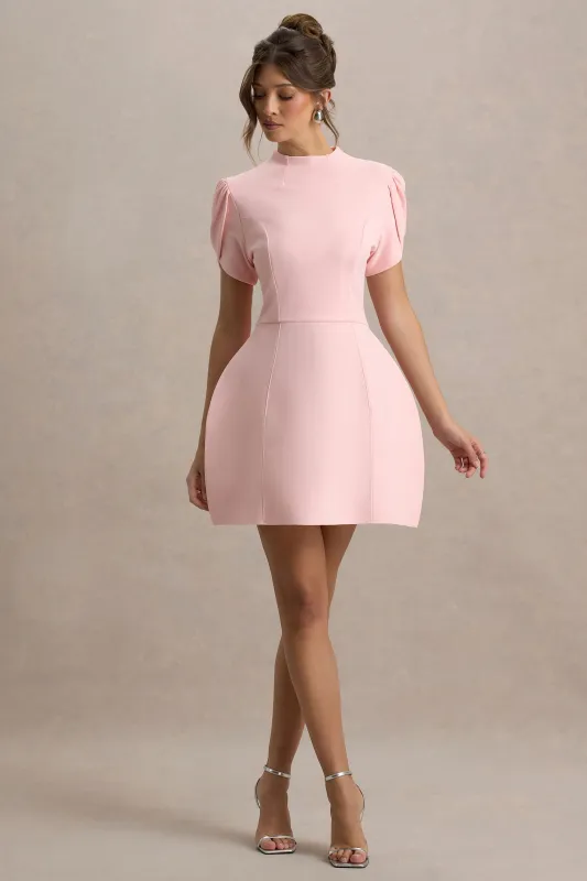 Carabella | Pink High-Neck Short-Sleeve Mini Dress sold by Club L London