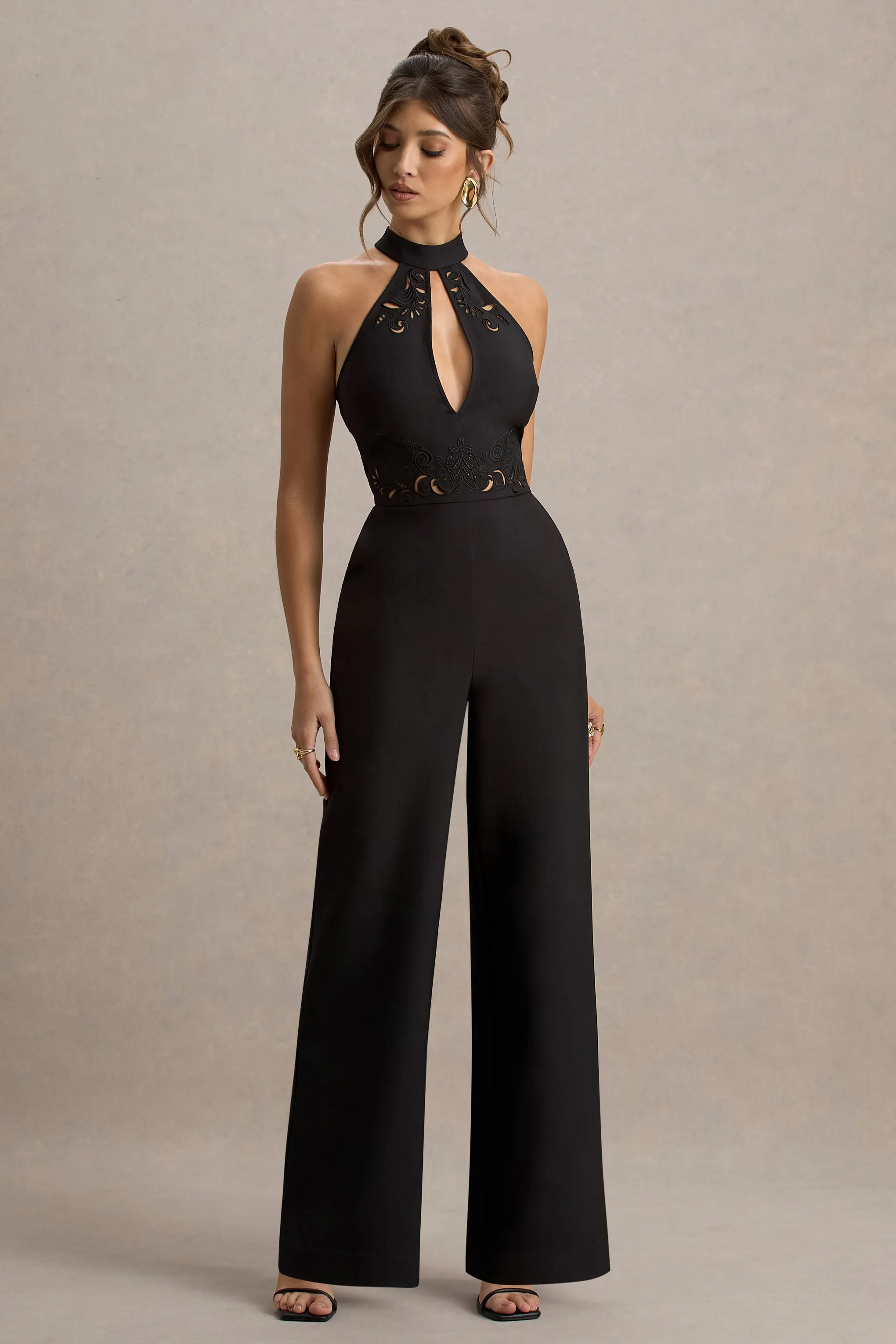 Kami | Black High-Neck Embroidered Jumpsuit sold by Club L London