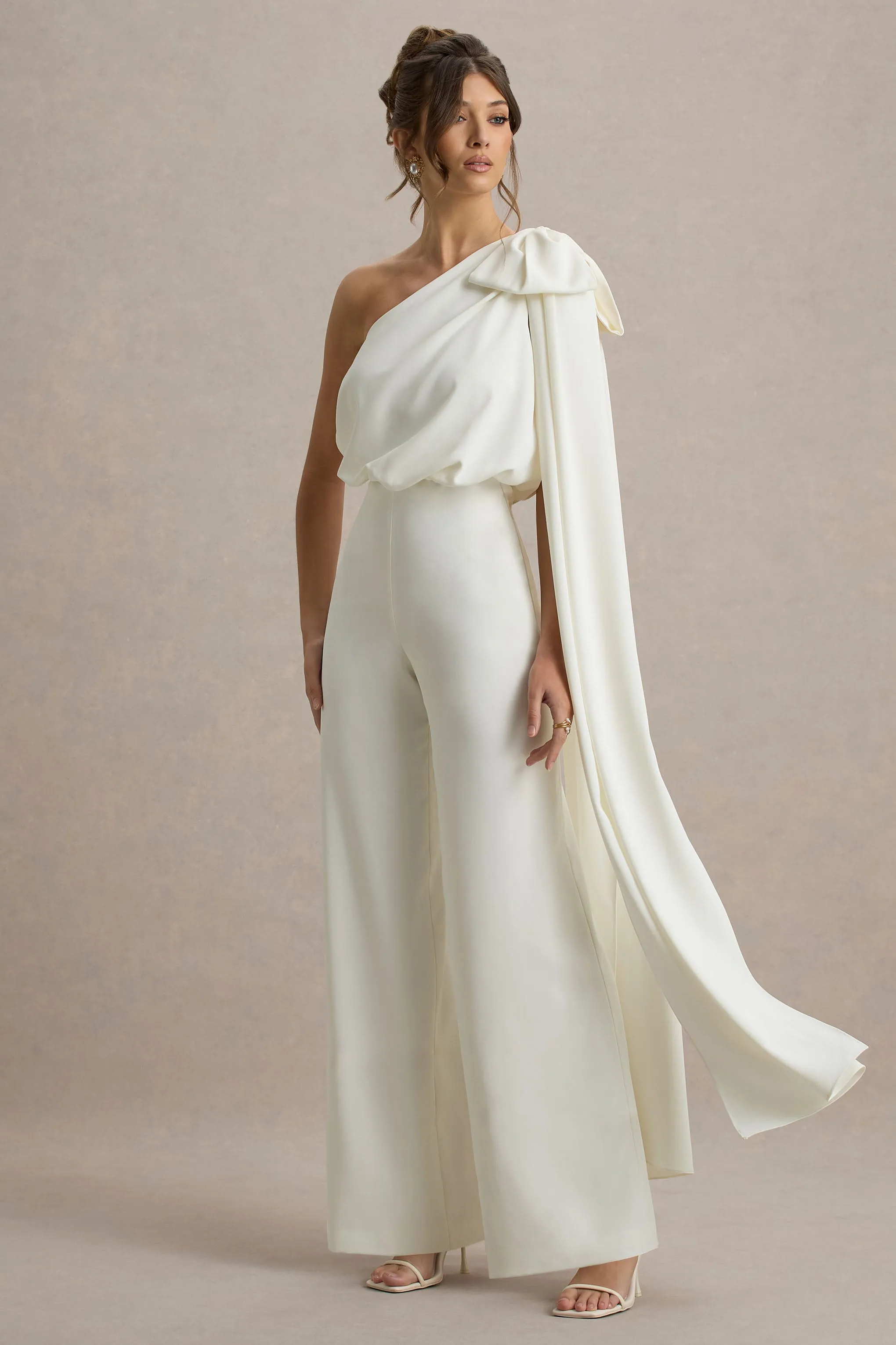 Alice | Cream Asymmetric Bow Shoulder Jumpsuit With Drape sold by Club L London product image thumbnail 4