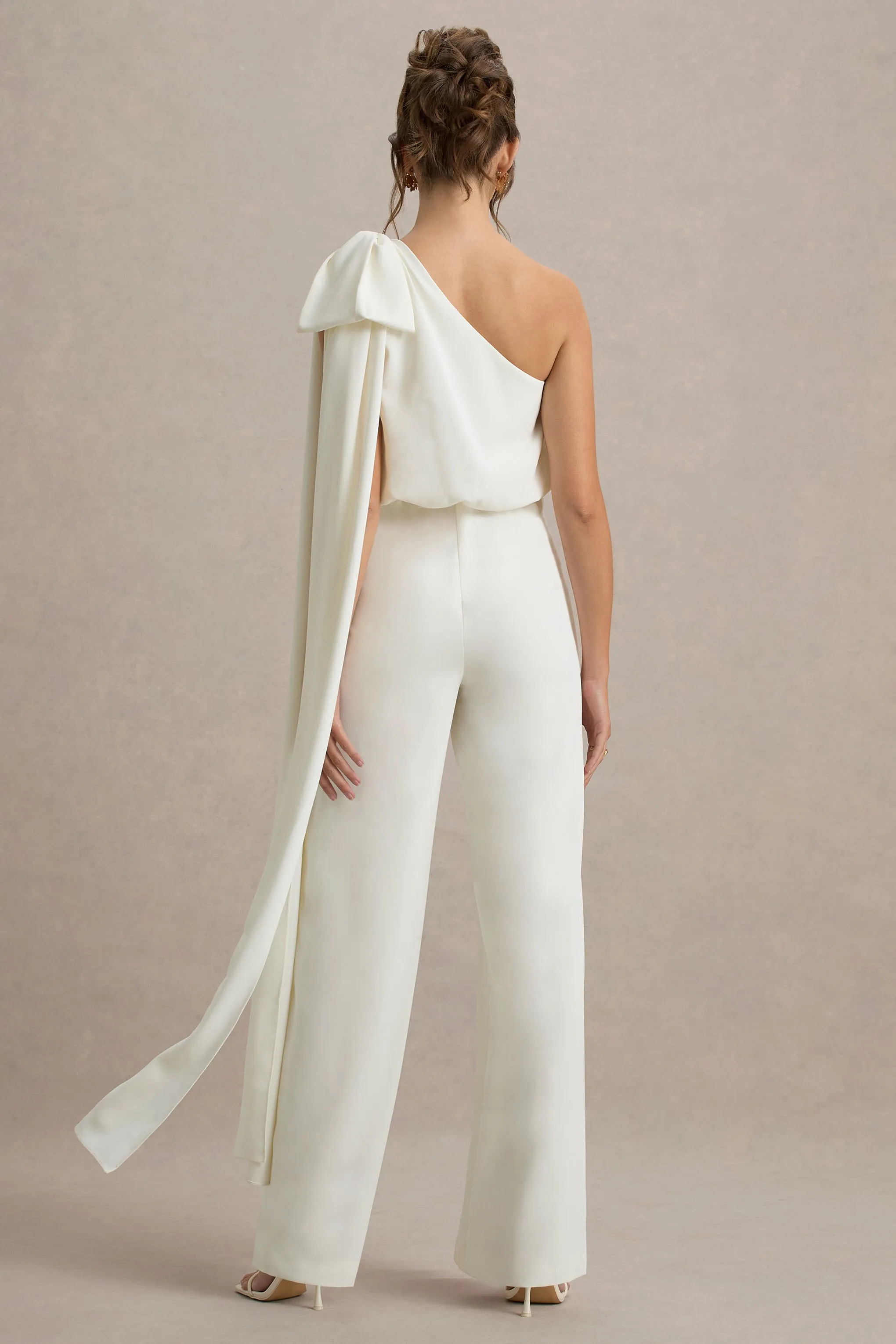 Alice | Cream Asymmetric Bow Shoulder Jumpsuit With Drape sold by Club L London product image thumbnail 2