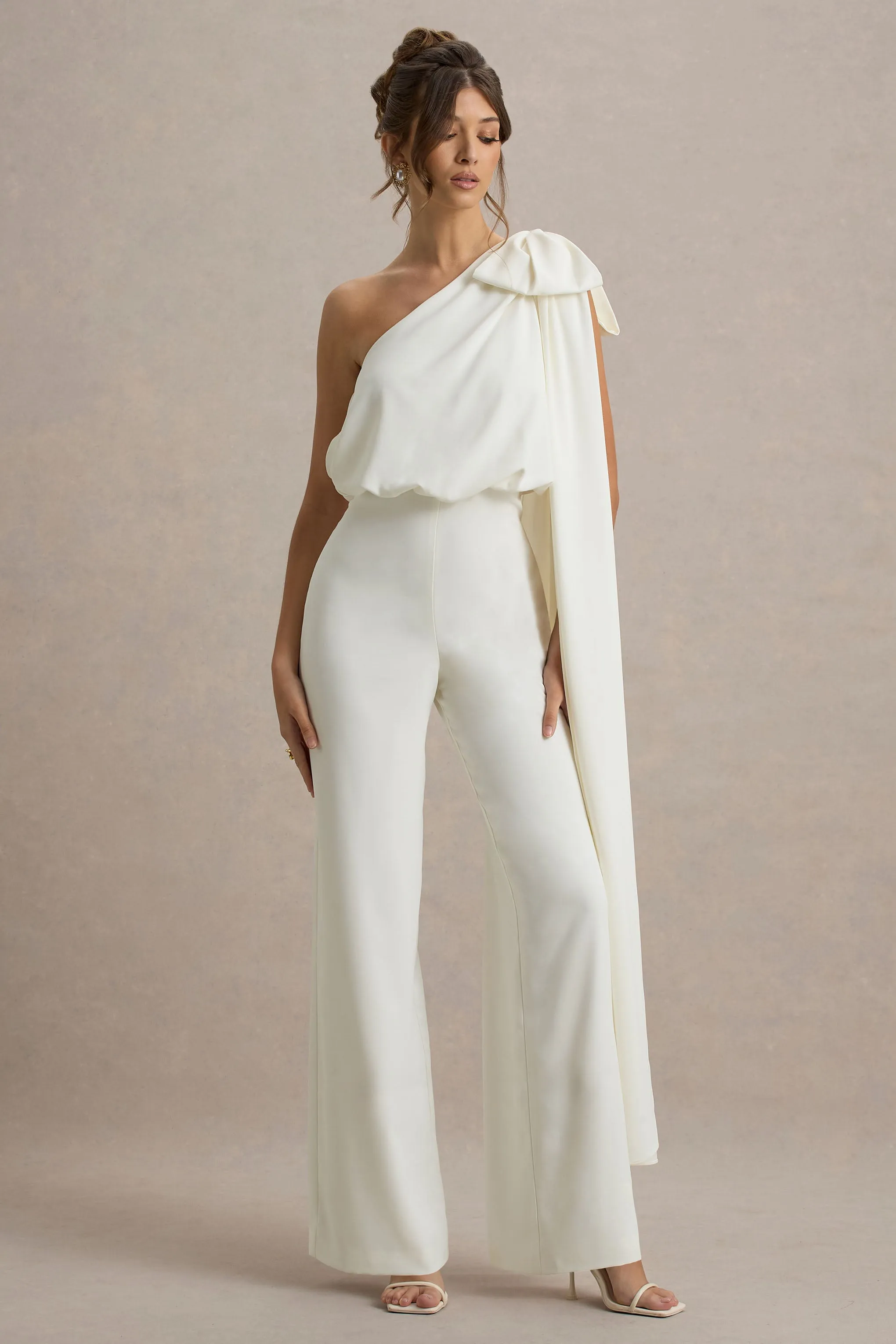 Alice | Cream Asymmetric Bow Shoulder Jumpsuit With Drape sold by Club L London product image thumbnail 5