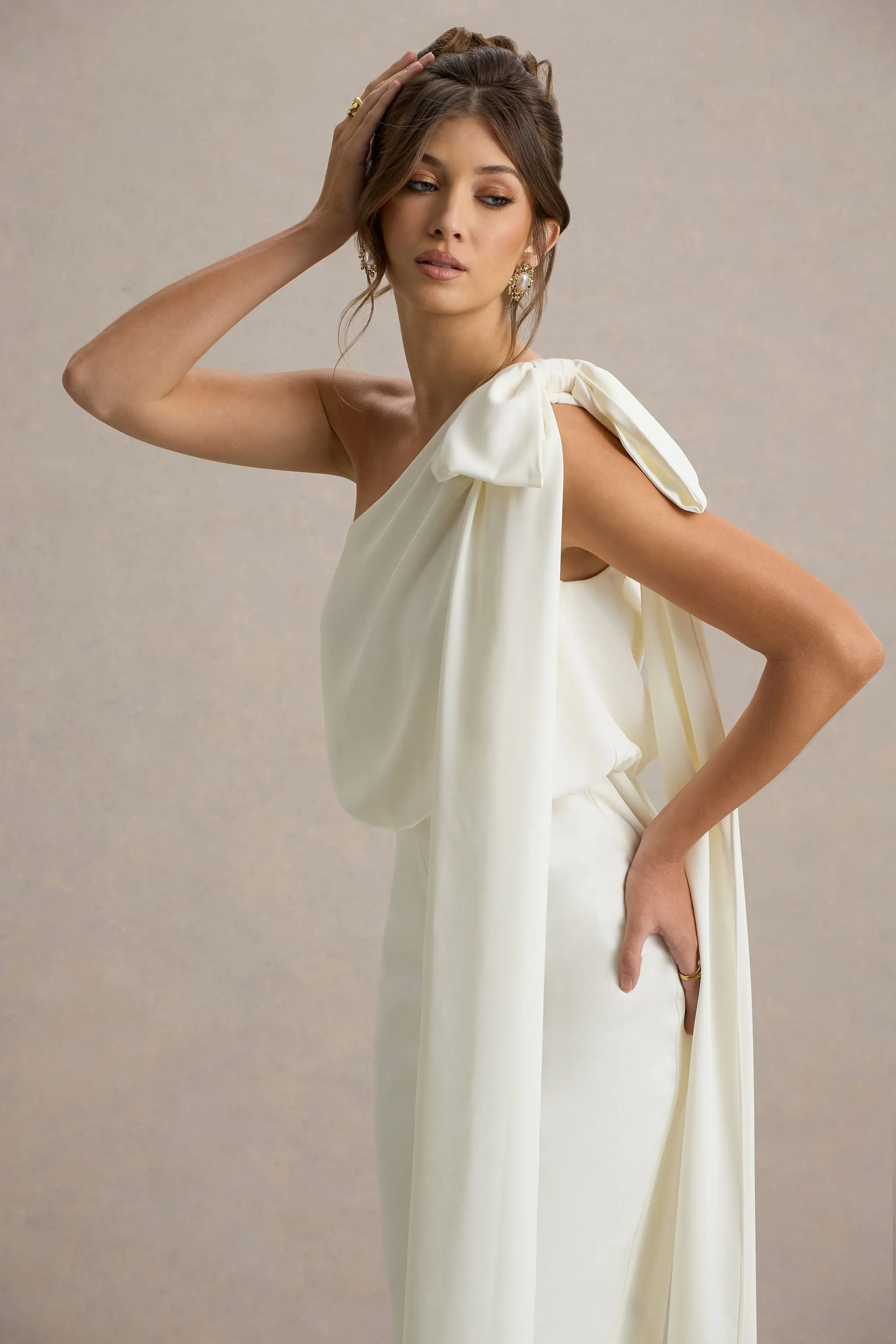 Alice | Cream Asymmetric Bow Shoulder Jumpsuit With Drape sold by Club L London product image thumbnail 3
