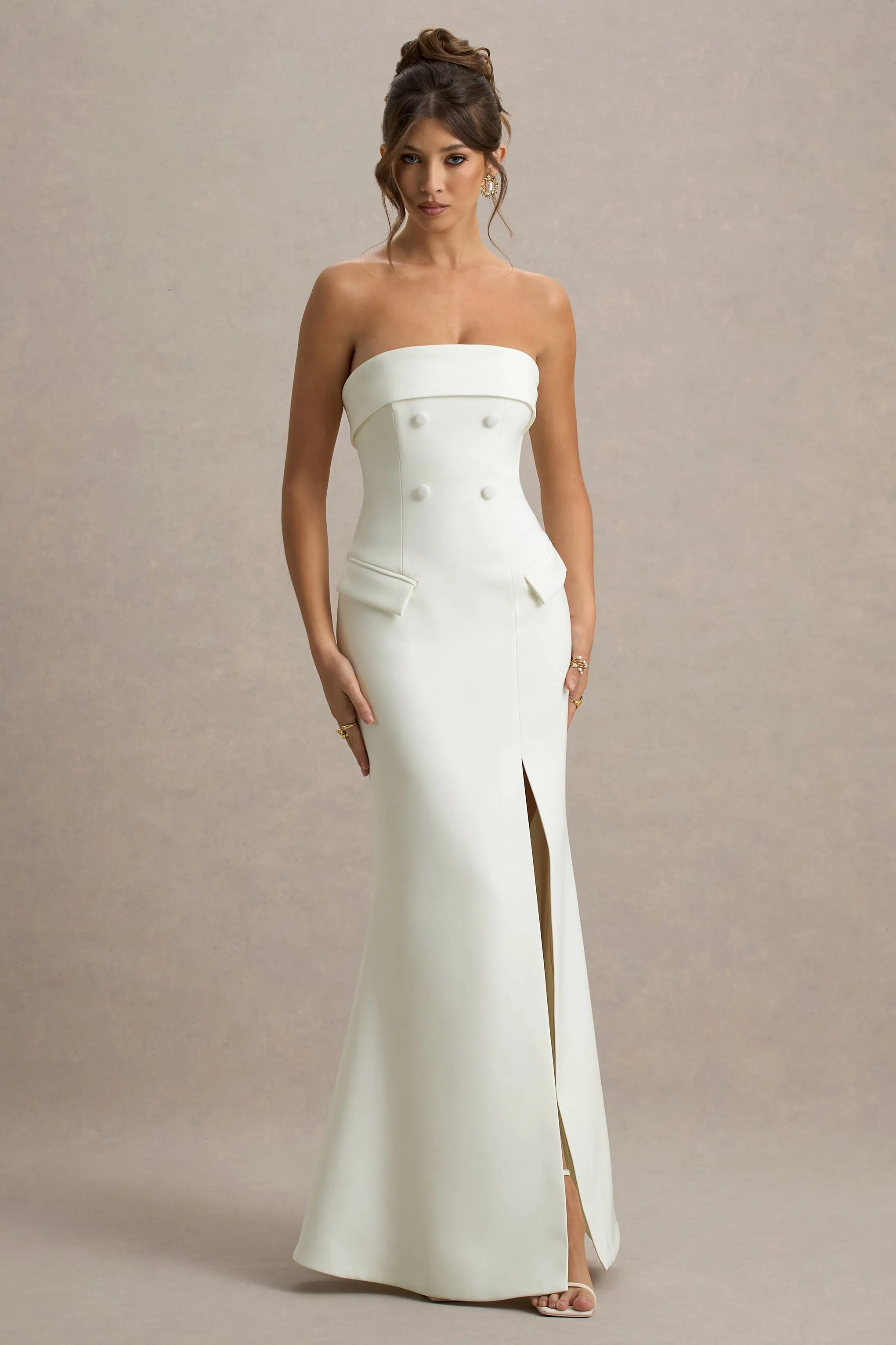 Lucia | Cream Bandeau Tailored Maxi Dress With Split sold by Club L London product image thumbnail 5