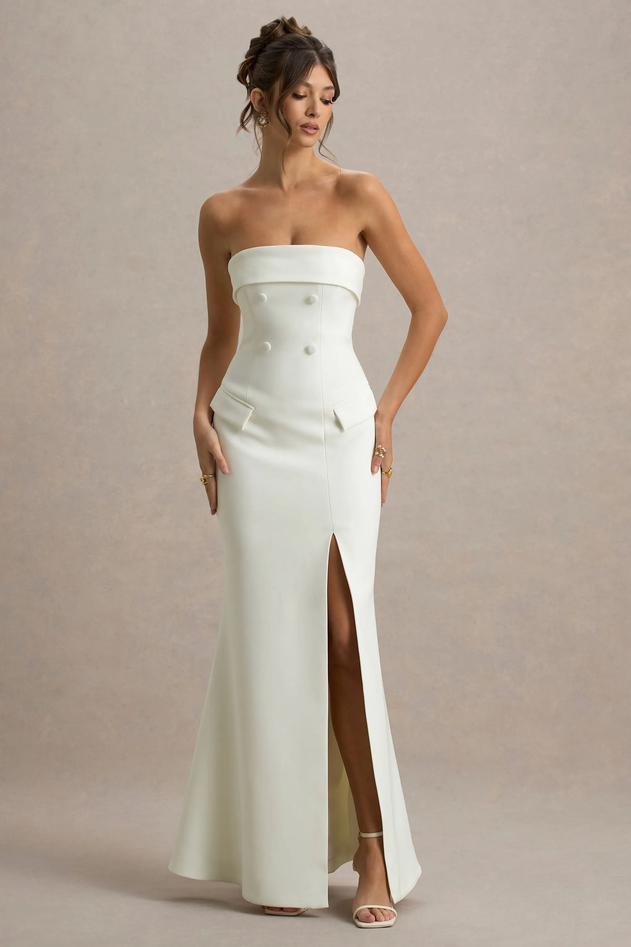 Lucia | Cream Bandeau Tailored Maxi Dress With Split sold by Club L London