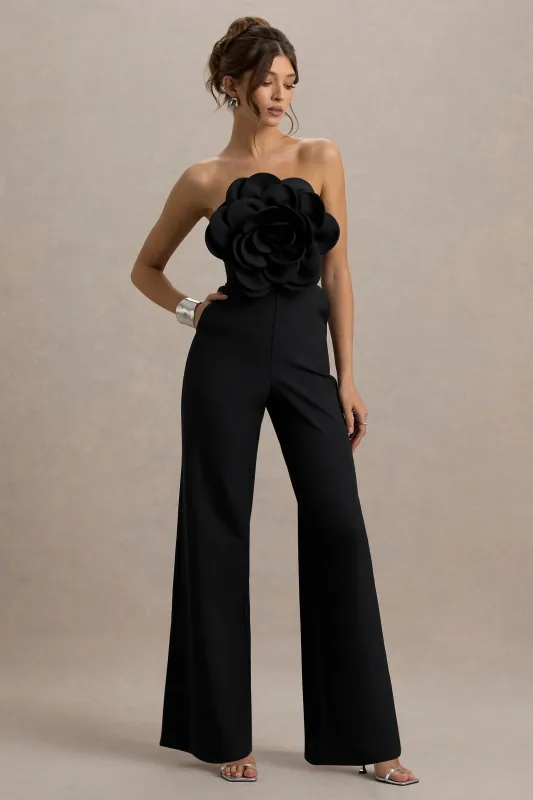 Opia | Black Bandeau Wide-Leg Jumpsuit With Large Floral Corsage sold by Club L London