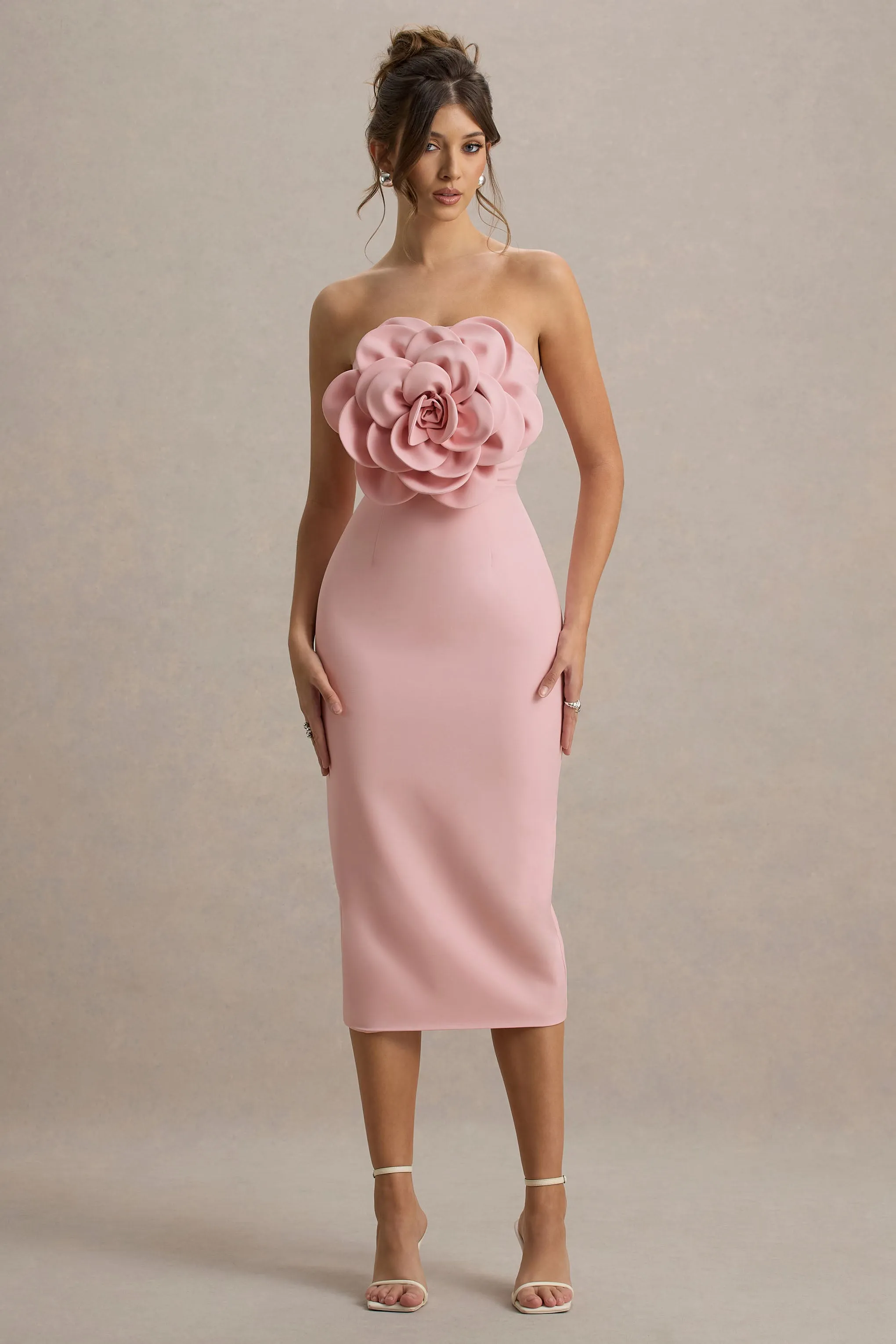 Phina | Pale Pink Bodycon Midi Dress With Large Floral Corsages sold by Club L London product image thumbnail 5