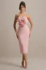 Phina | Pale Pink Bodycon Midi Dress With Large Floral Corsages sold by Club L London