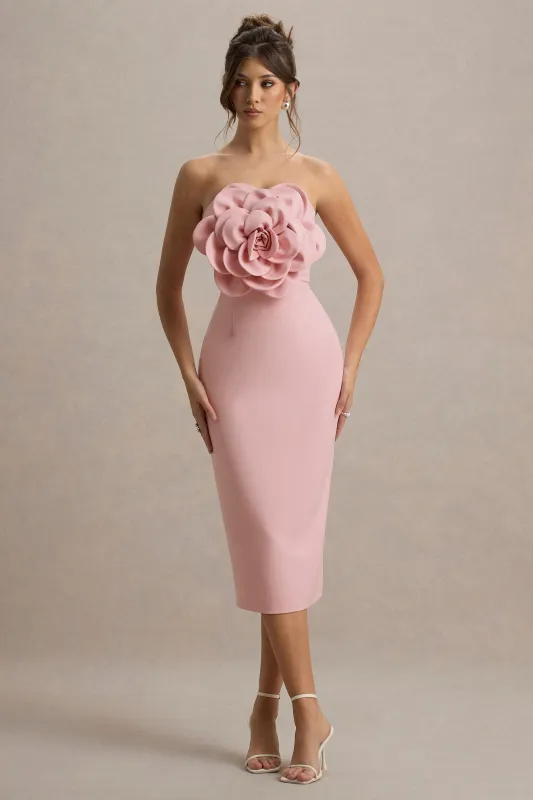 Phina | Pale Pink Bodycon Midi Dress With Large Floral Corsages sold by Club L London
