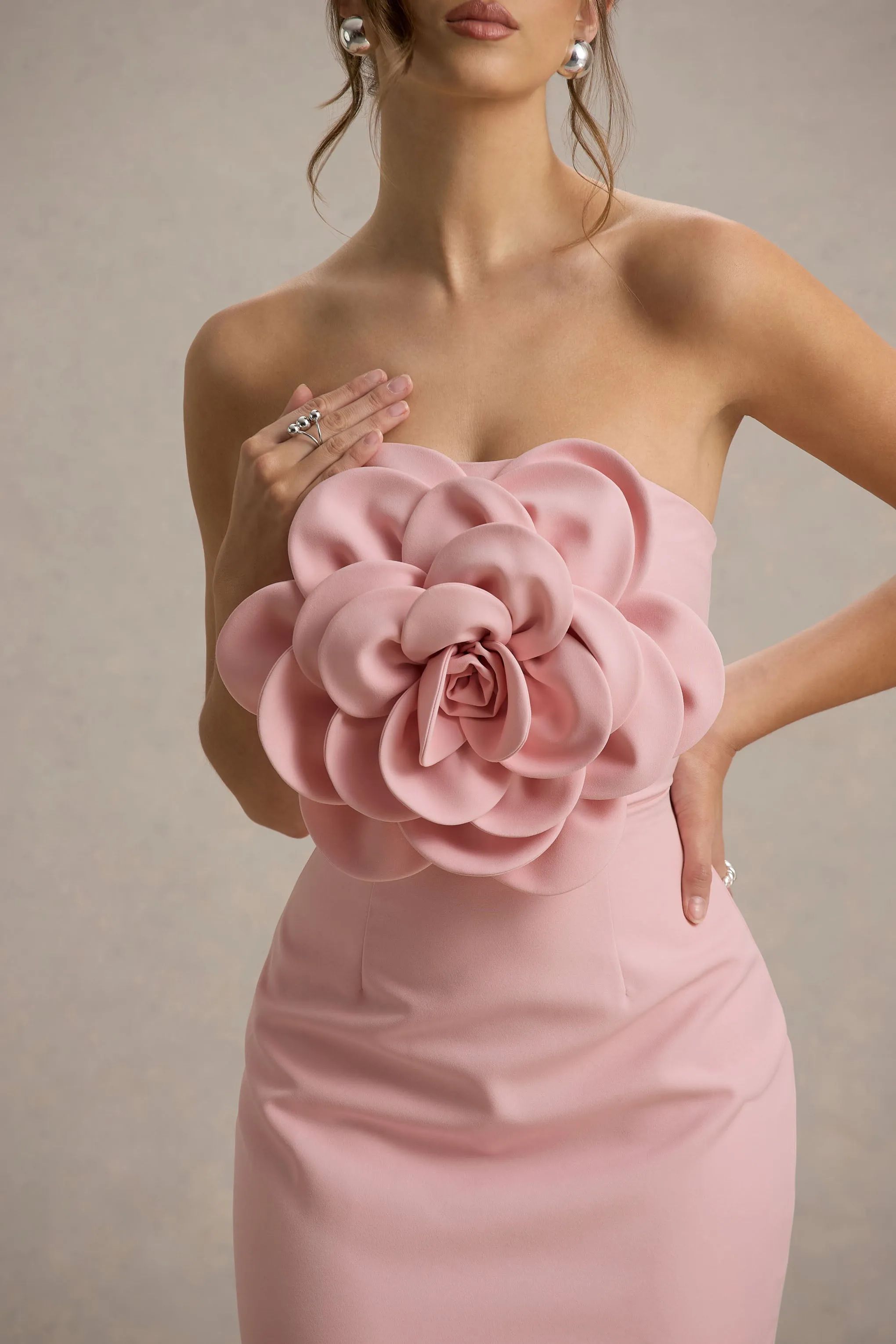 Phina | Pale Pink Bodycon Midi Dress With Large Floral Corsages sold by Club L London product image thumbnail 3