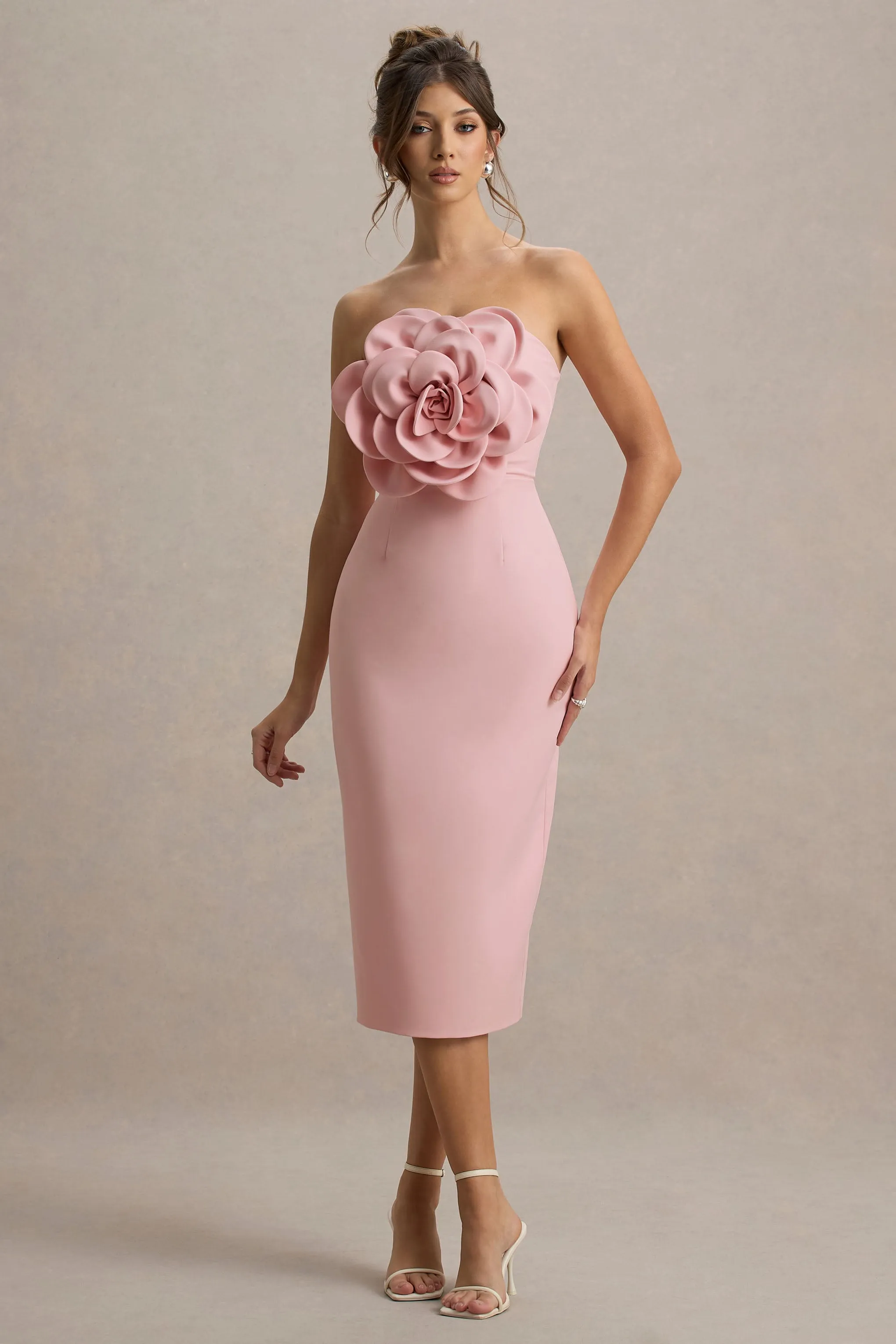 Phina | Pale Pink Bodycon Midi Dress With Large Floral Corsages sold by Club L London product image thumbnail 4