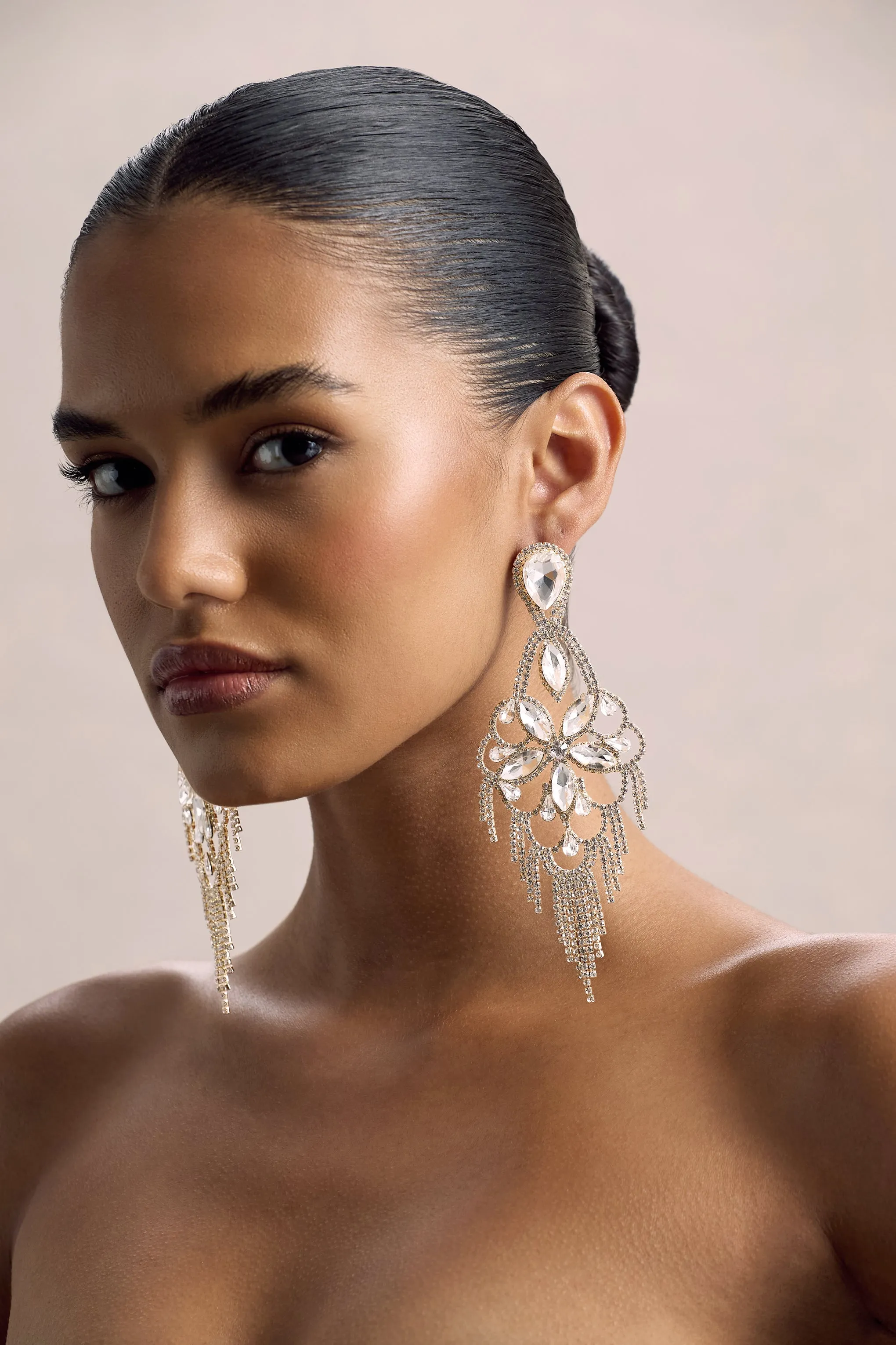 Crystalia | Gold Diamante Floral Statement Drop Earrings sold by Club L London product image thumbnail 3