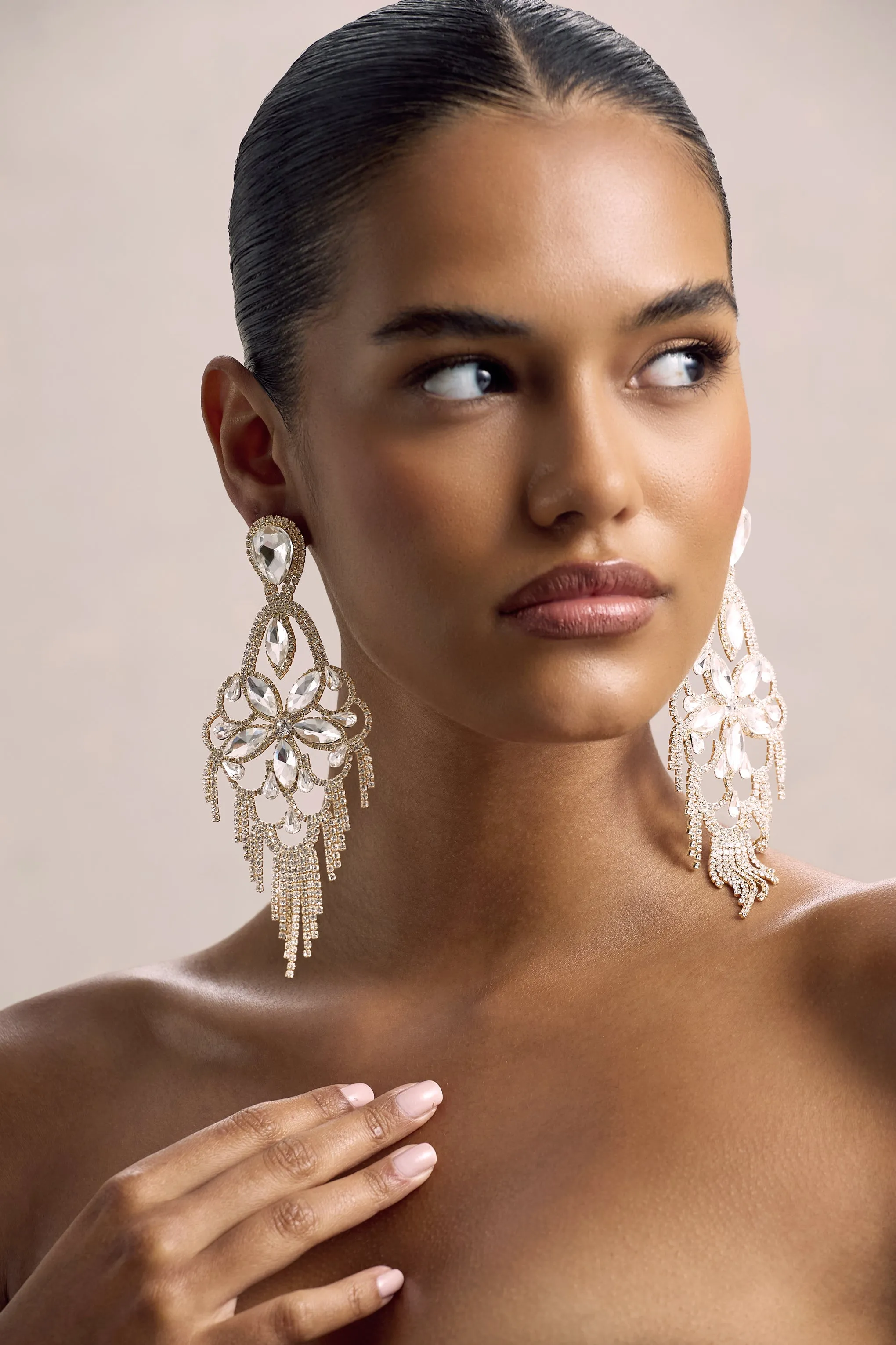 Crystalia | Gold Diamante Floral Statement Drop Earrings sold by Club L London product image thumbnail 2