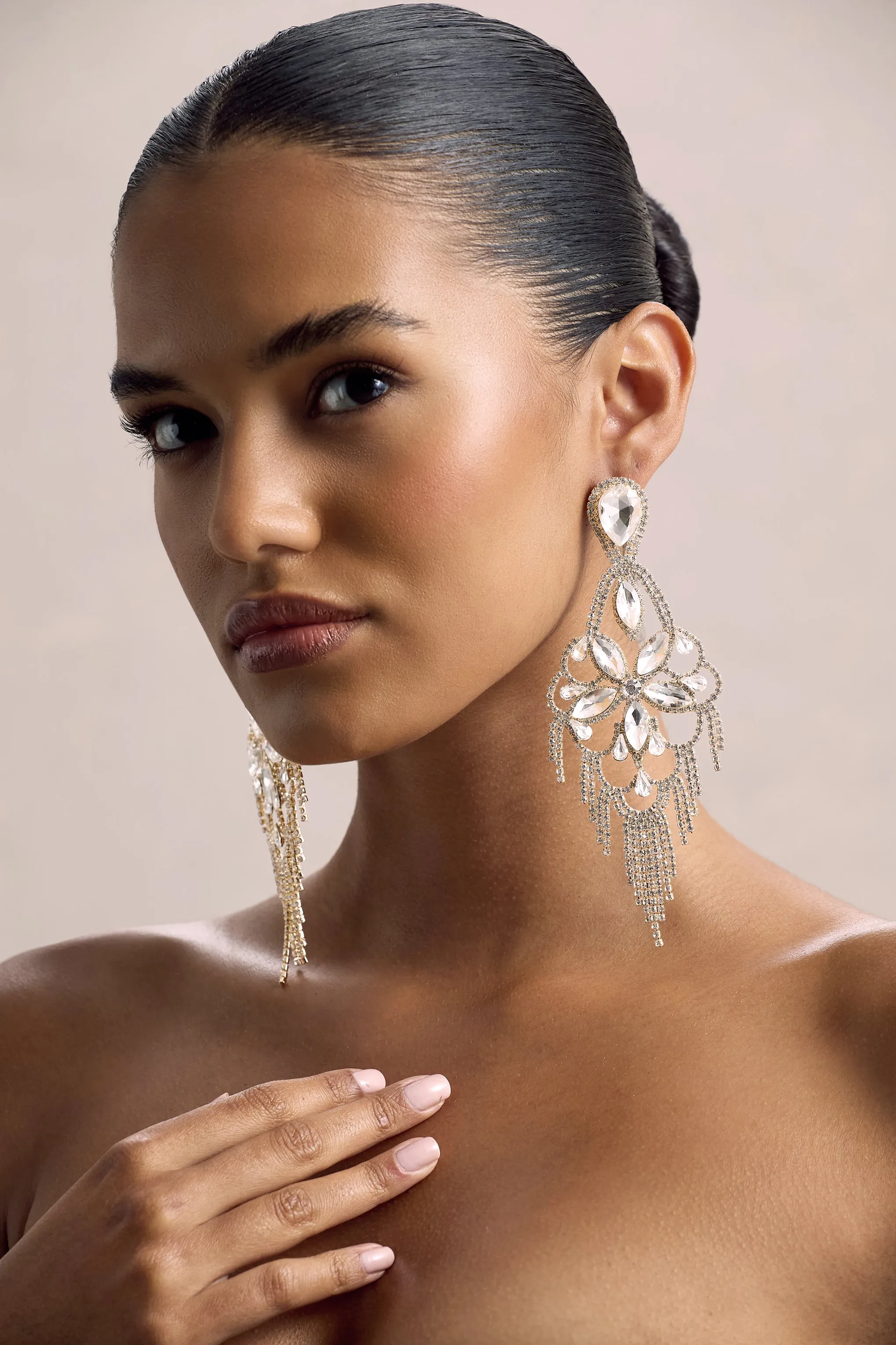 Crystalia | Gold Diamante Floral Statement Drop Earrings sold by Club L London