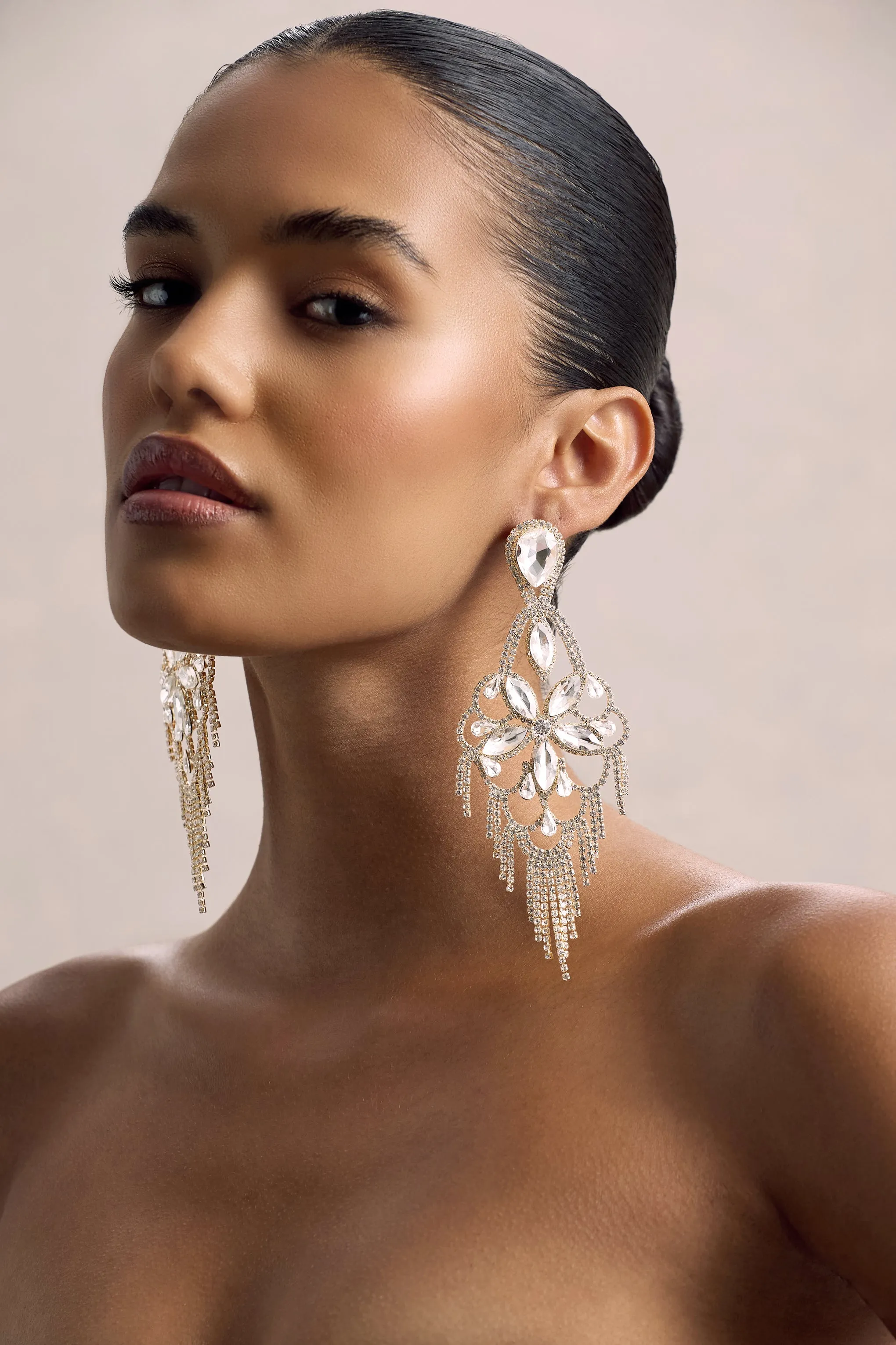 Crystalia | Gold Diamante Floral Statement Drop Earrings sold by Club L London product image thumbnail 4