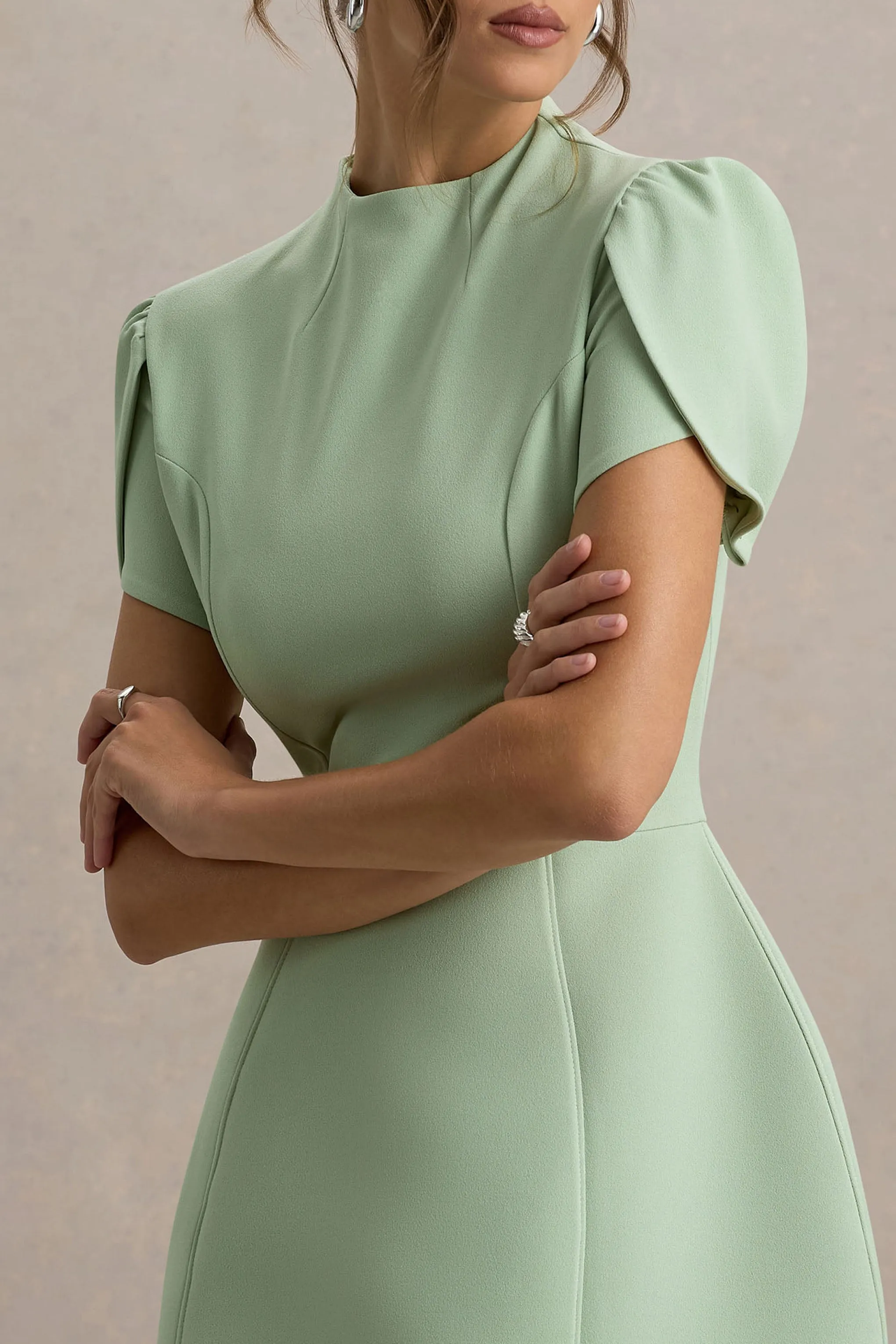 Carabella | Light Green High-Neck Short-Sleeve Mini Dress sold by Club L London product image thumbnail 3