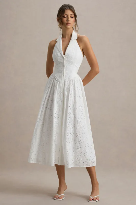 Jezebel | White Lace Plunge-Neck Collared Midi Dress sold by Club L London