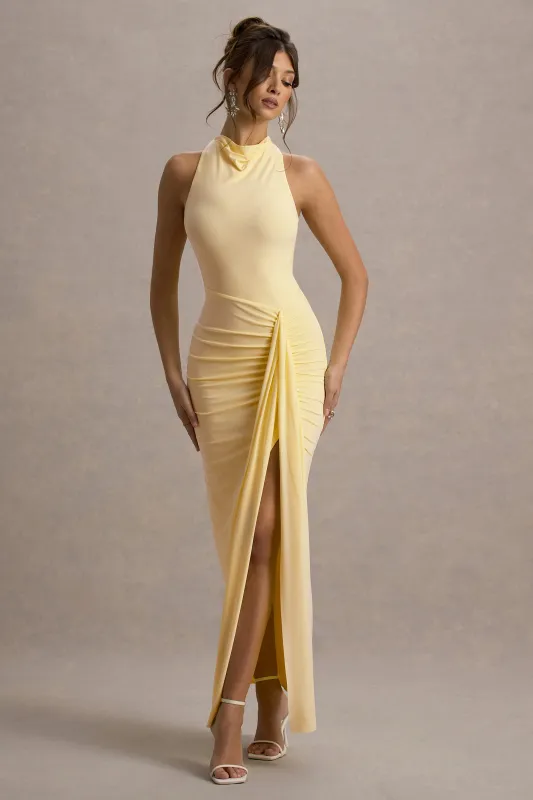 Sunflower | Pale Lemon Ruched High-Neck Split Maxi Dress sold by Club L London