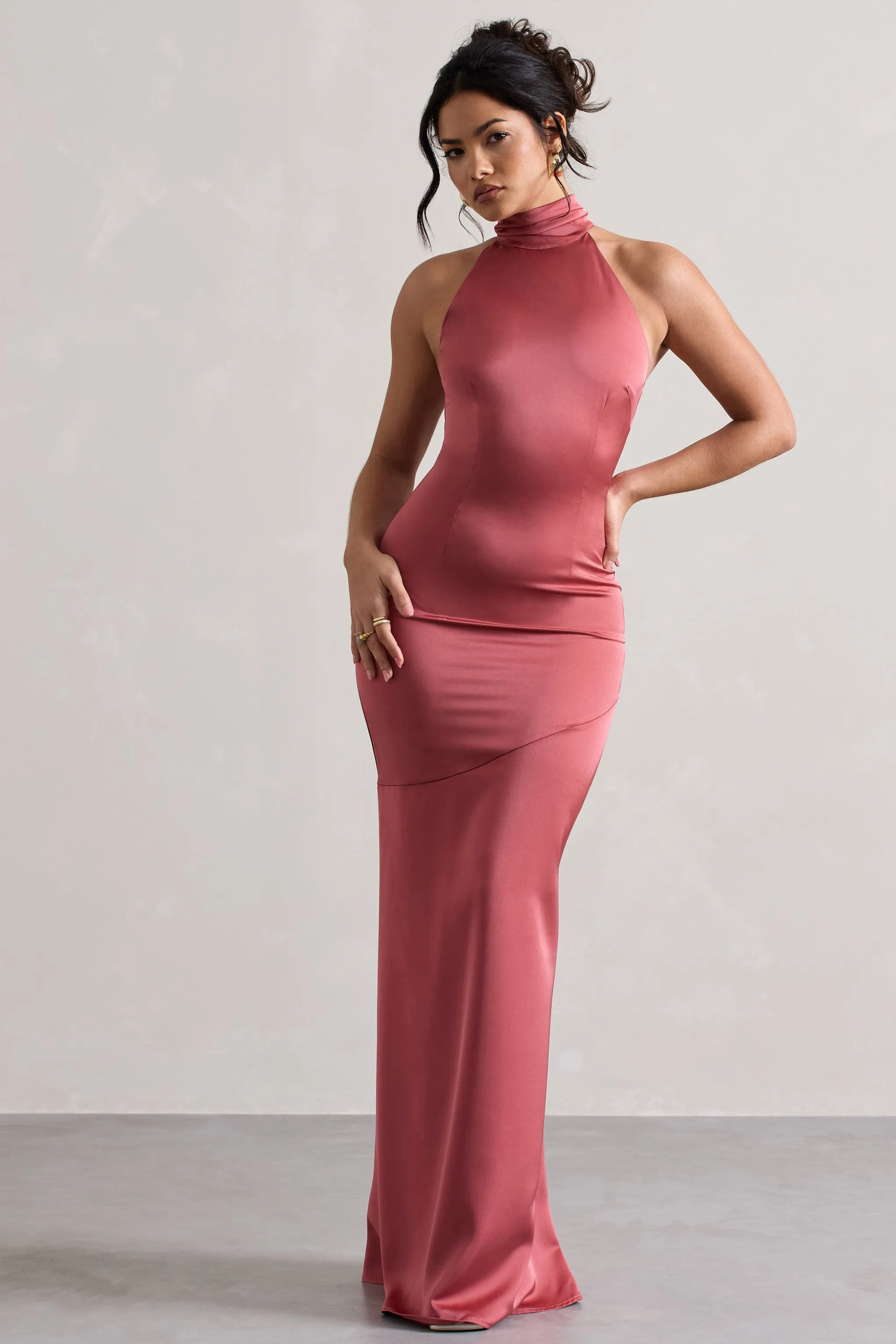 Adoria | Vintage Berry Satin High-Neck Maxi Dress sold by Club L London product image thumbnail 4