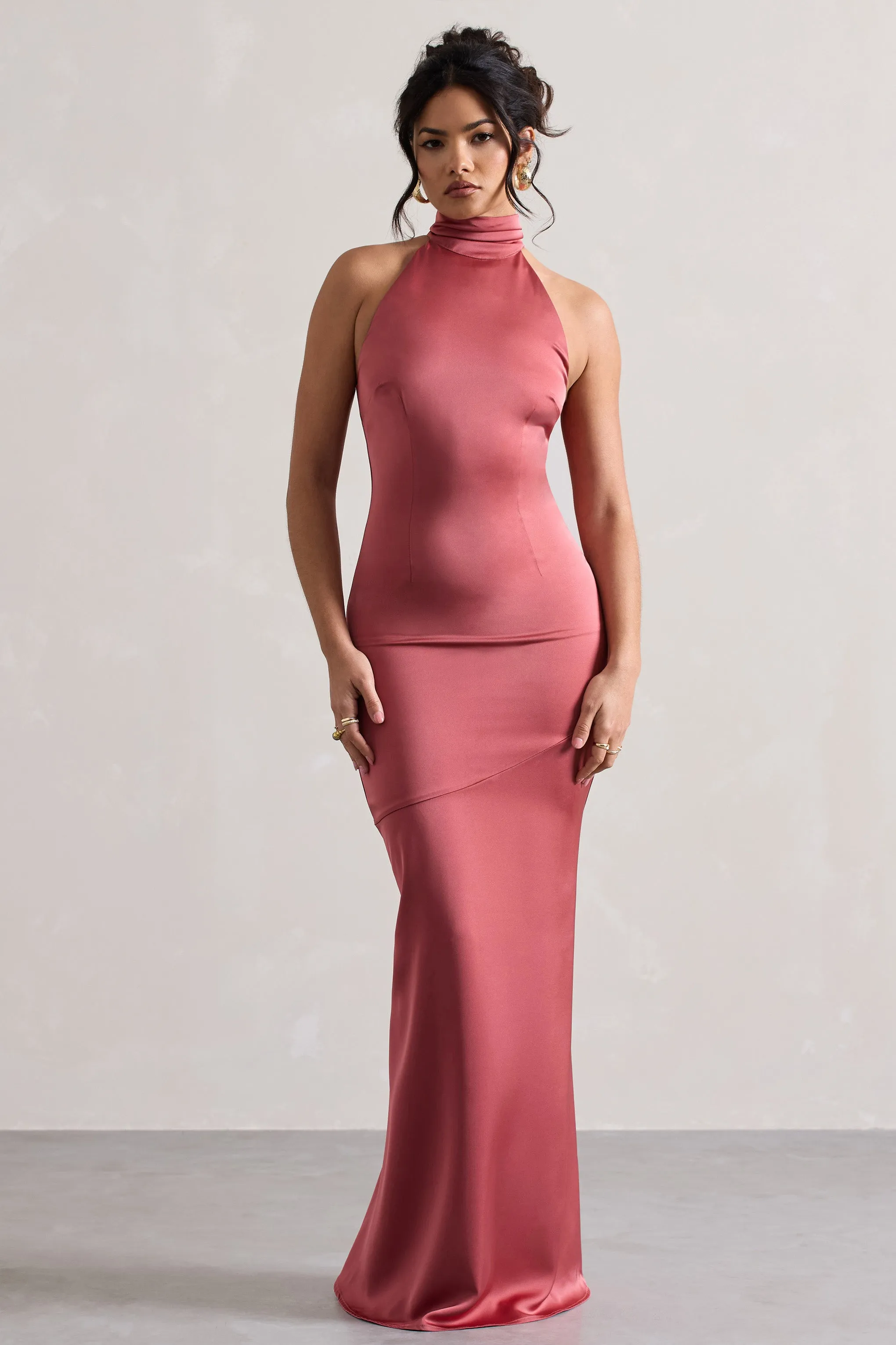 Adoria | Vintage Berry Satin High-Neck Maxi Dress sold by Club L London