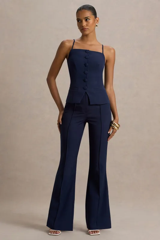 Jada | Navy Tailored Flared-Leg Trousers sold by Club L London