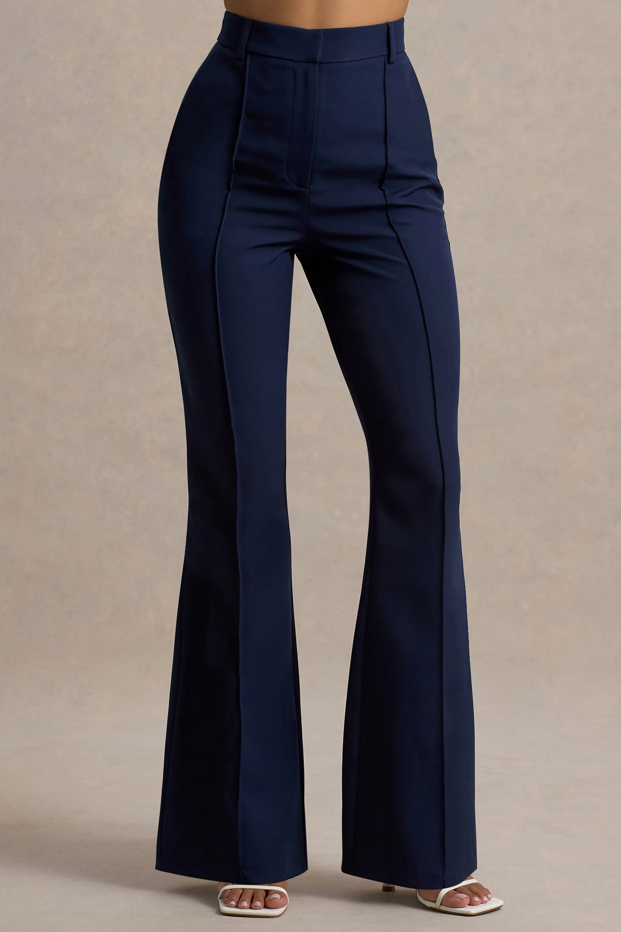 Jada | Navy Tailored Flared-Leg Trousers sold by Club L London product image thumbnail 3