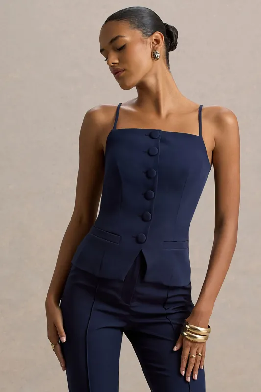 Nellie | Navy Tailored Button-Up Top sold by Club L London