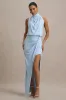 Hayden | Blue High-Neck Draped Split Maxi Dress sold by Club L London