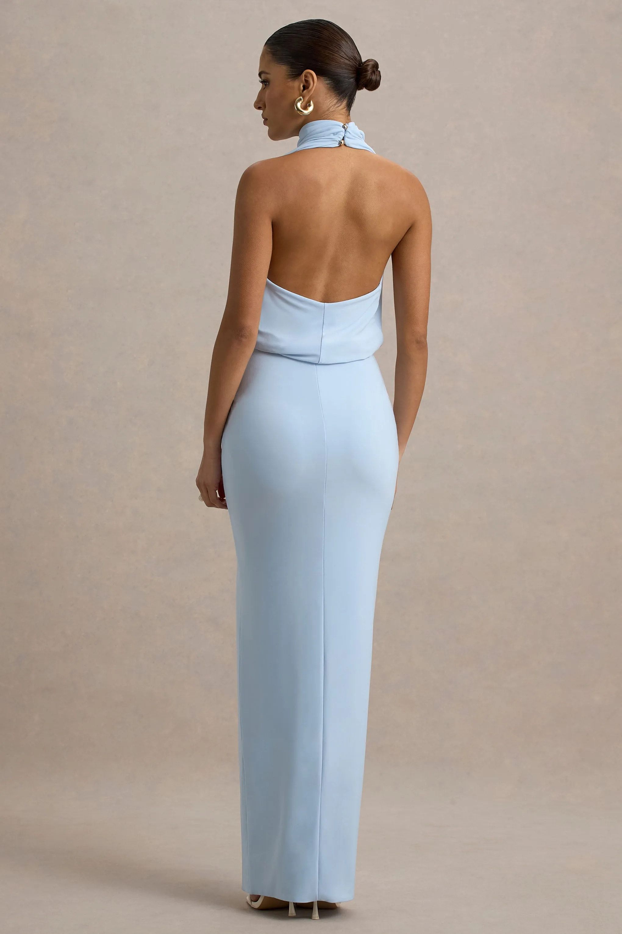 Hayden | Blue High-Neck Draped Split Maxi Dress sold by Club L London product image thumbnail 2