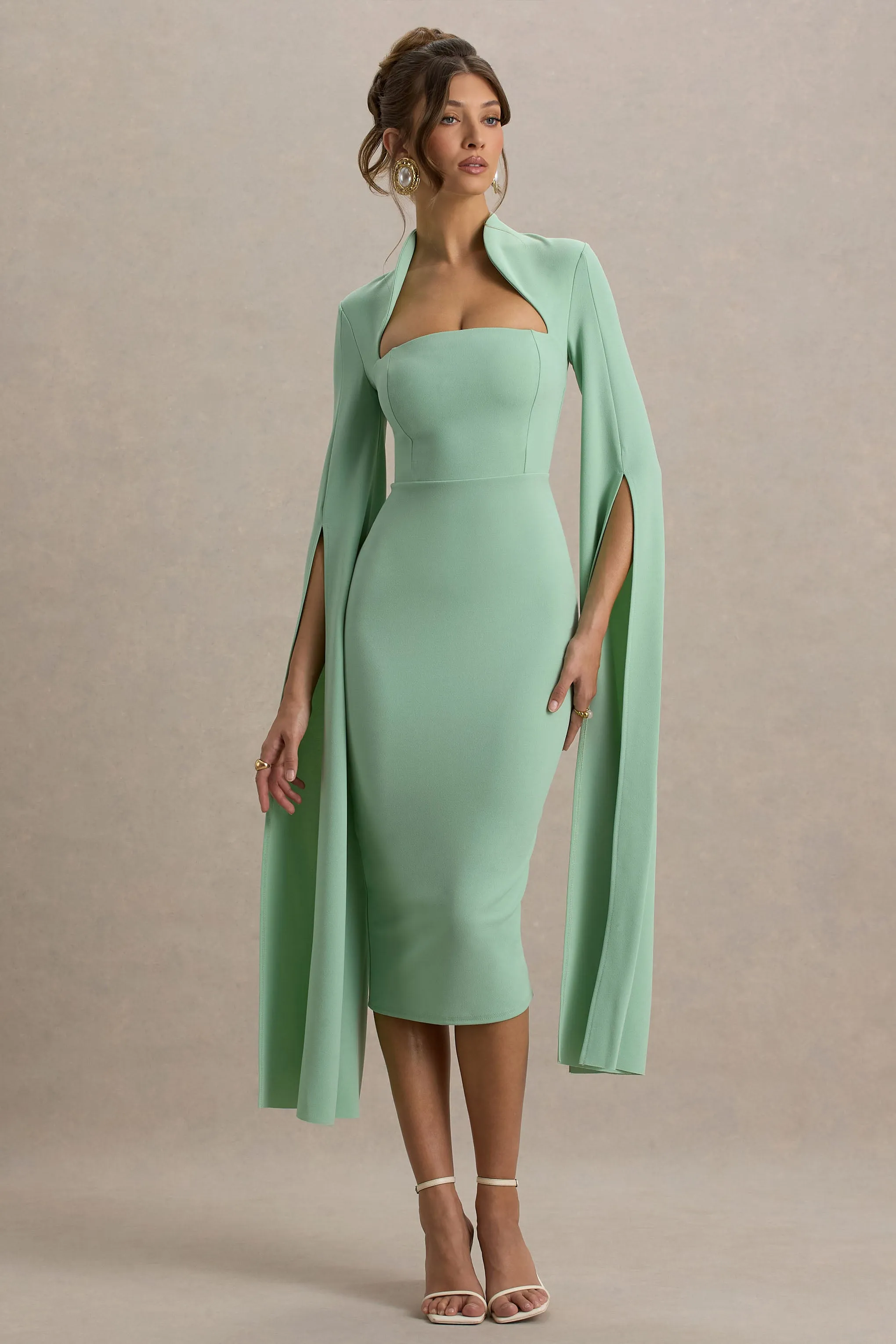 Linden | Light Green Bodycon Cape-Sleeve Midi Dress sold by Club L London product image thumbnail 4