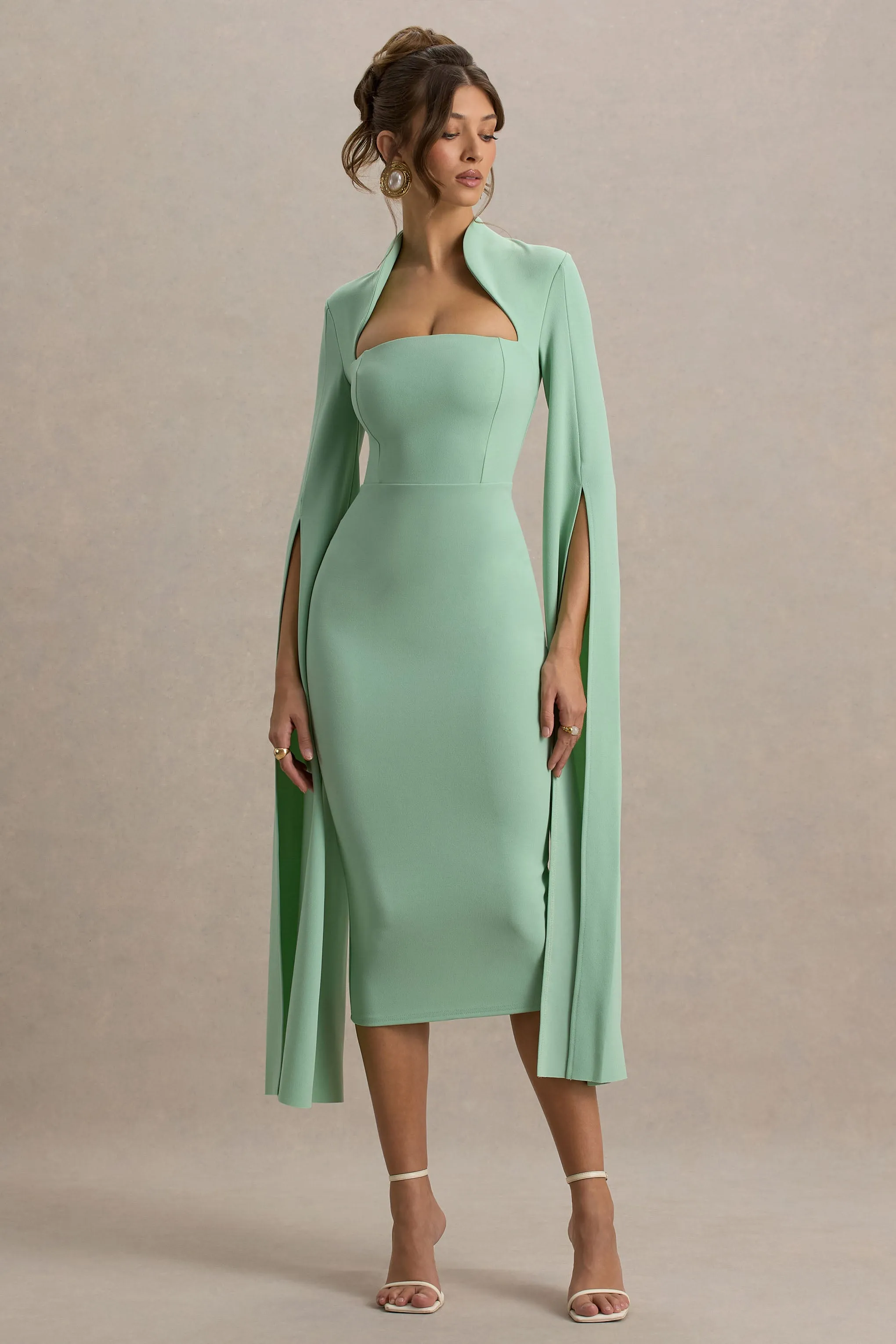 Linden | Light Green Bodycon Cape-Sleeve Midi Dress sold by Club L London product image thumbnail 5